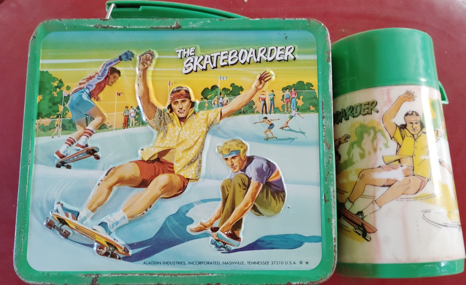 Vtg 1977 The Skateboarder Metal Lunchbox & Thermos Set Aladdin Tom Sims Flores