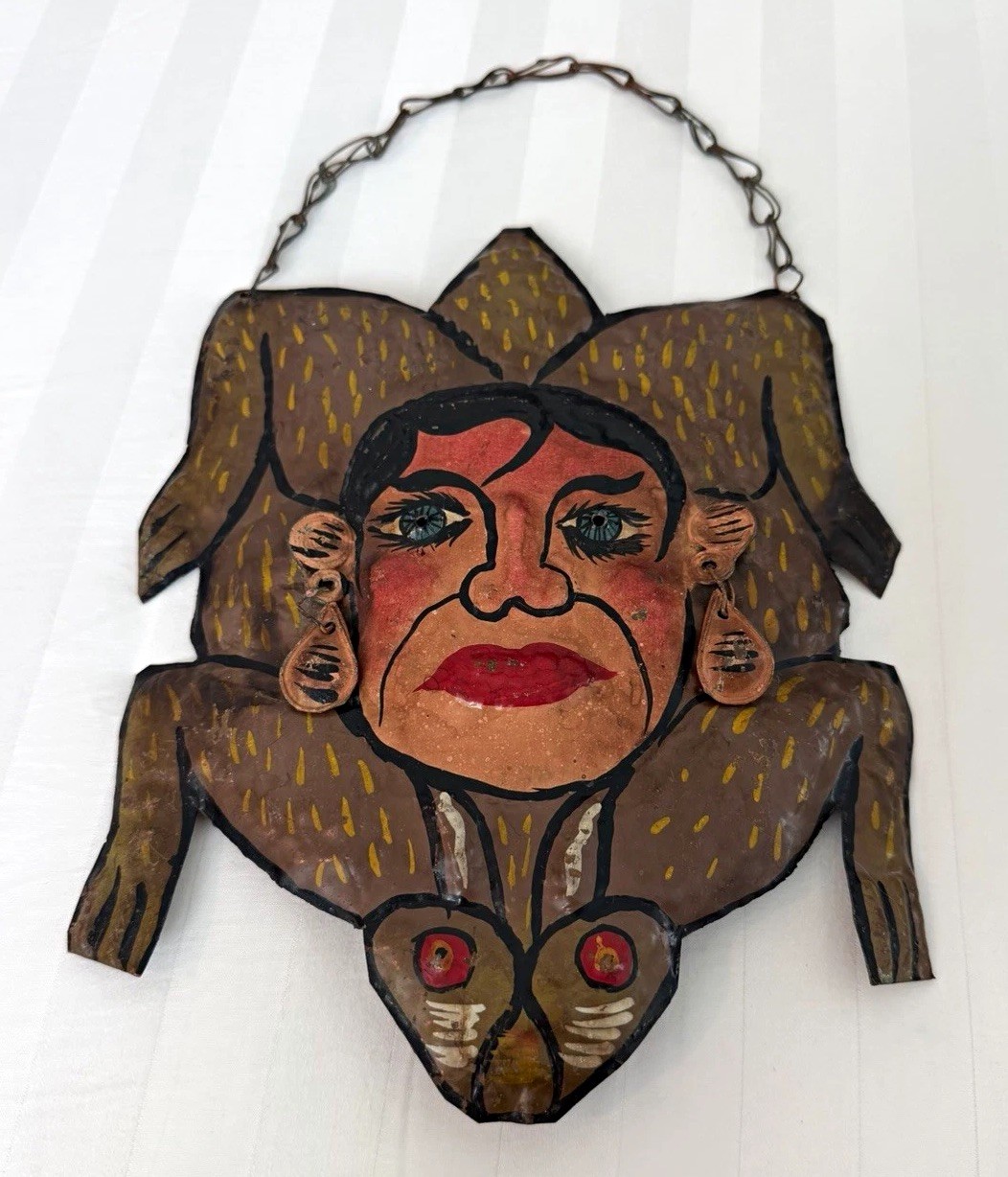 Vintage Mexican Folk Art Hammered Copper Bat Mask Guerrero Repousse Wall Hanging