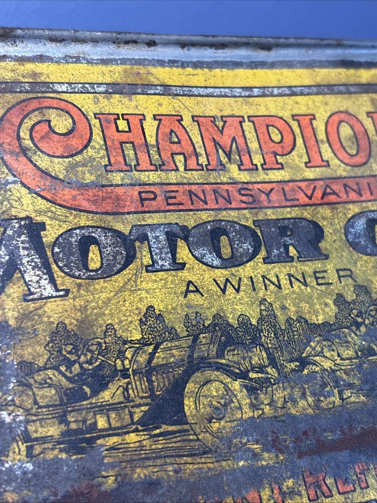 Antique Original RARE Champion Motor Oil Can Gallon Graphic Racecar Oil City PA