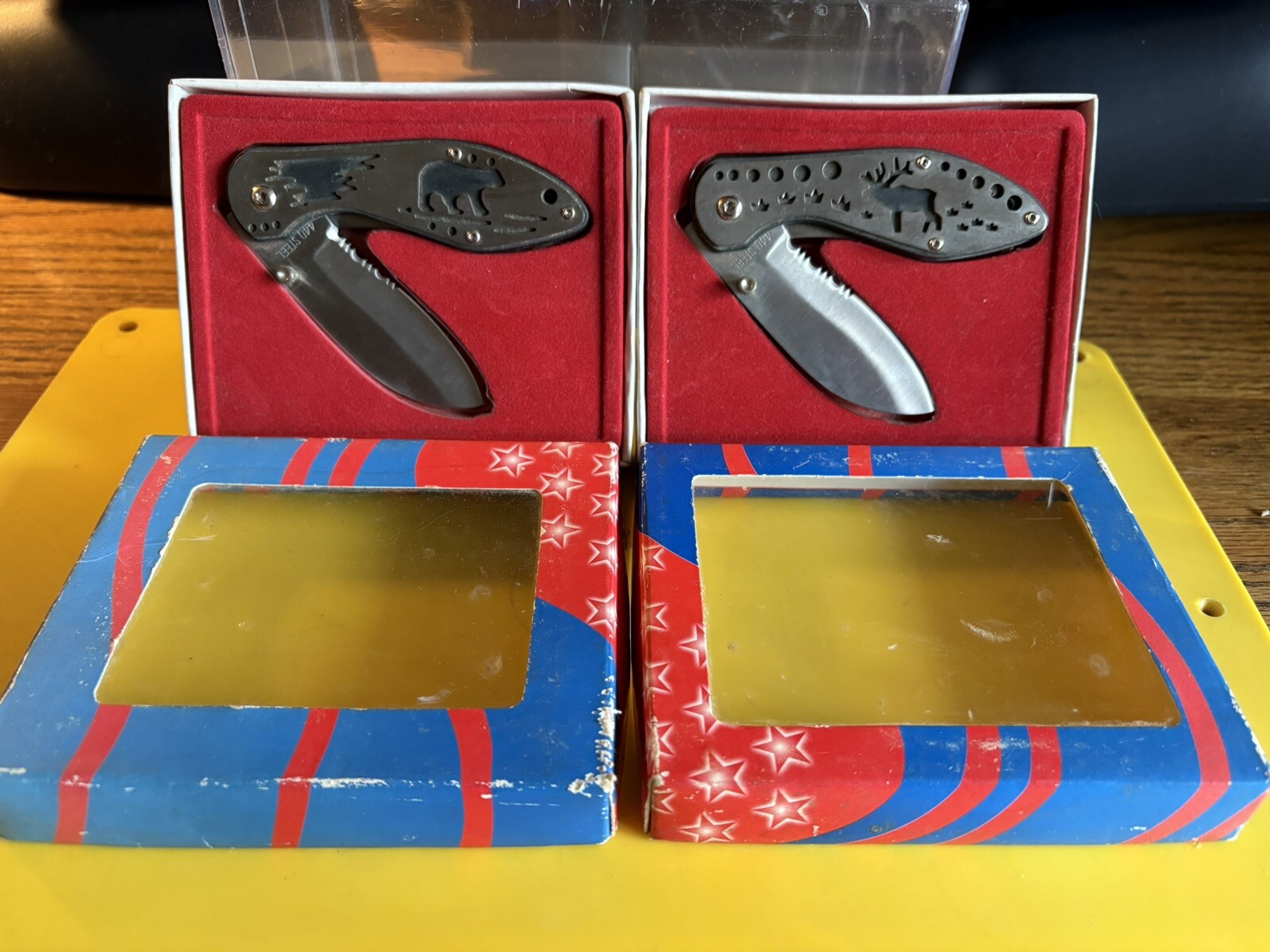2-UNBRANDED SINGLE BLADED POCKET KNIVES NIB HUNTING THEMED 2.5”BLADE NOS W/BOX44