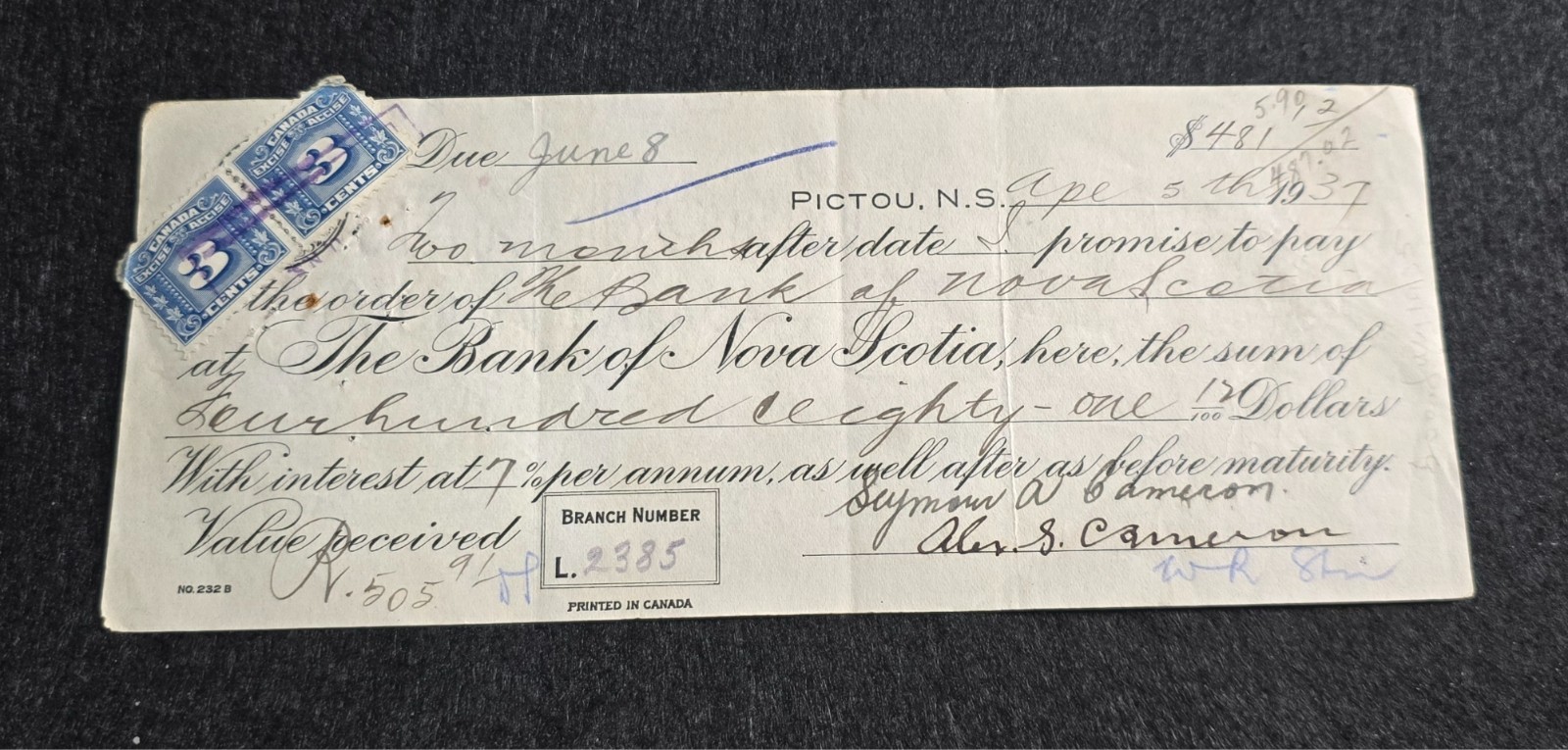 Vintage 1937 Pictou Nova Scotia Bank of Nova Scotia Promissory Note -With Stampa