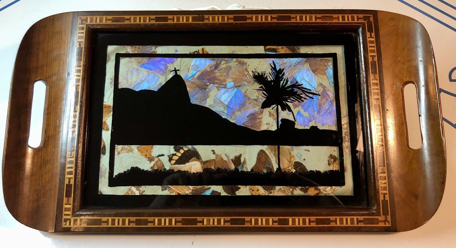 Vintage Brazilian Morpho Iridescent Butterfly Wing Wooden Inlay Tray