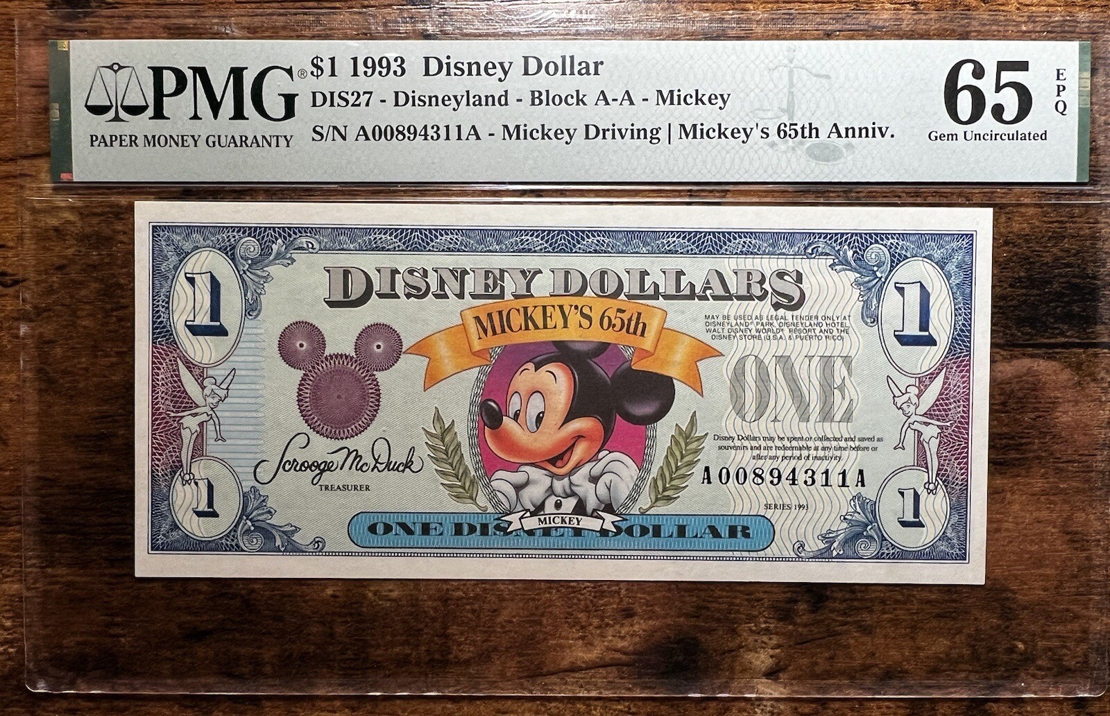 1993 $1 Disney Dollar-Mickey Driving 65th Ann Wanted GEM PMG GEM UNC 65EPQ RARE