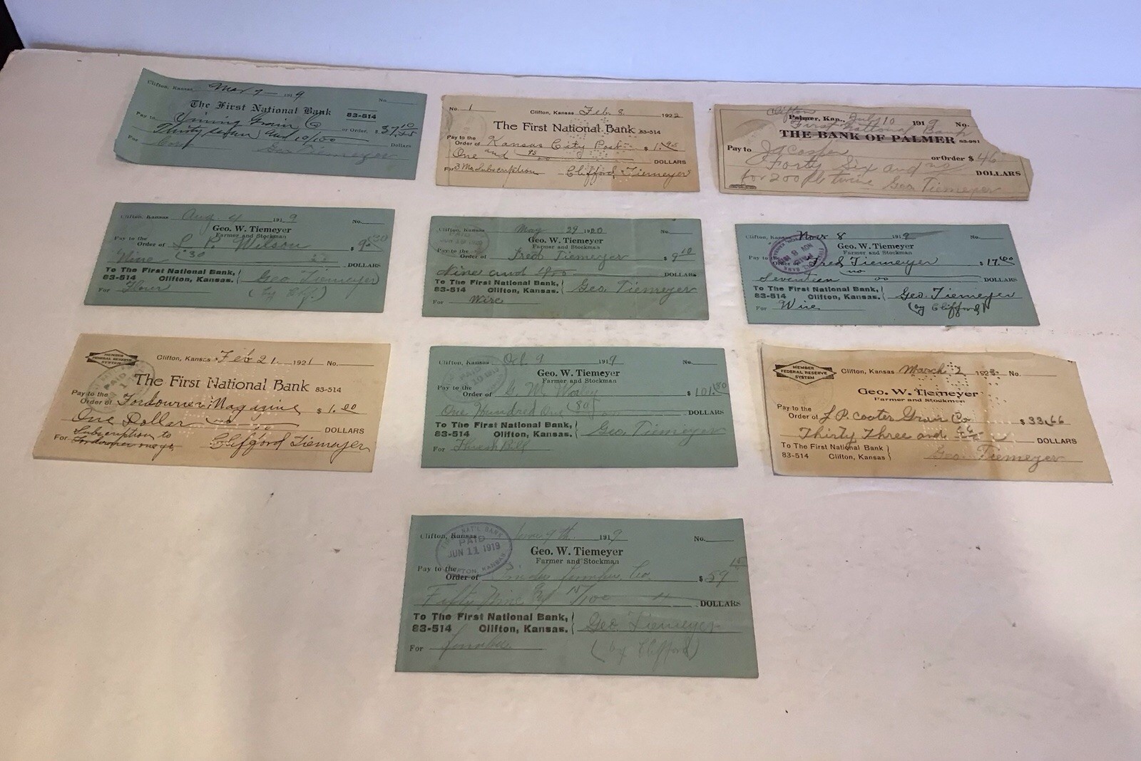 Antique Set Ten Vintage Paper Checks Circa 1919-1923 Kansas Farmer
