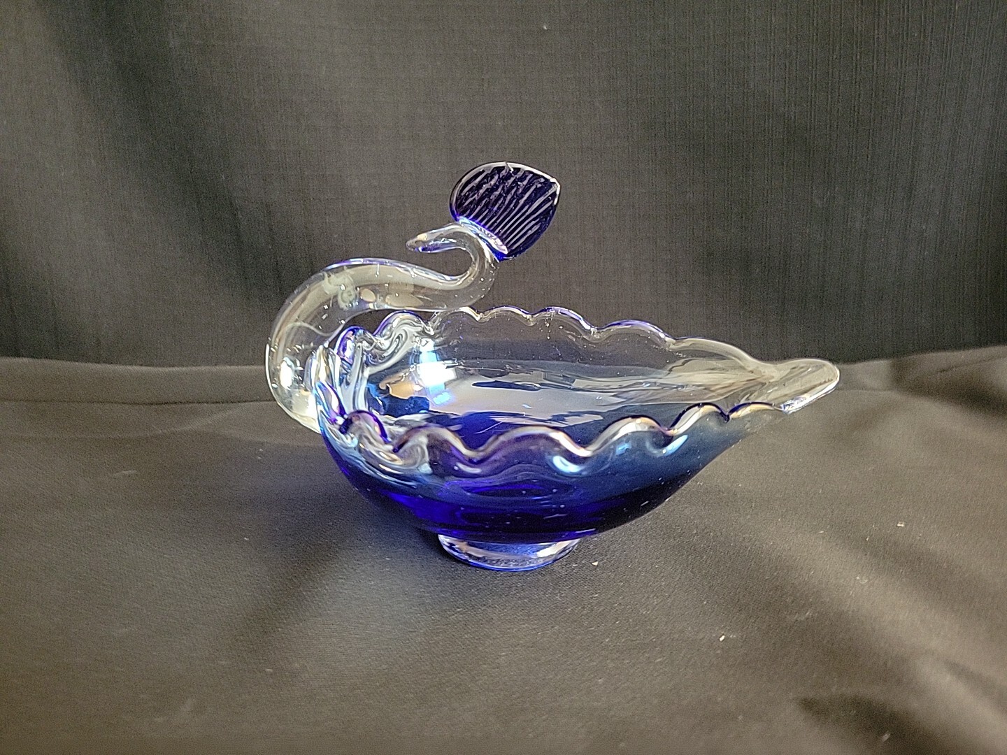 Vintage Handblown Cobalt Blue and Clear Glass Swan Footed Trinket Dish 7x5\