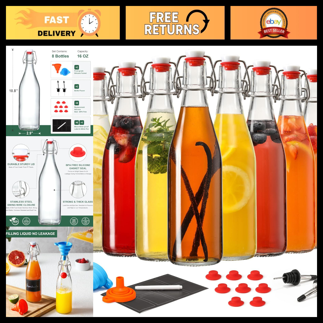 8 Pack 16oz Swing Top Glass Bottles for Brewing, Fermentation & Beverages