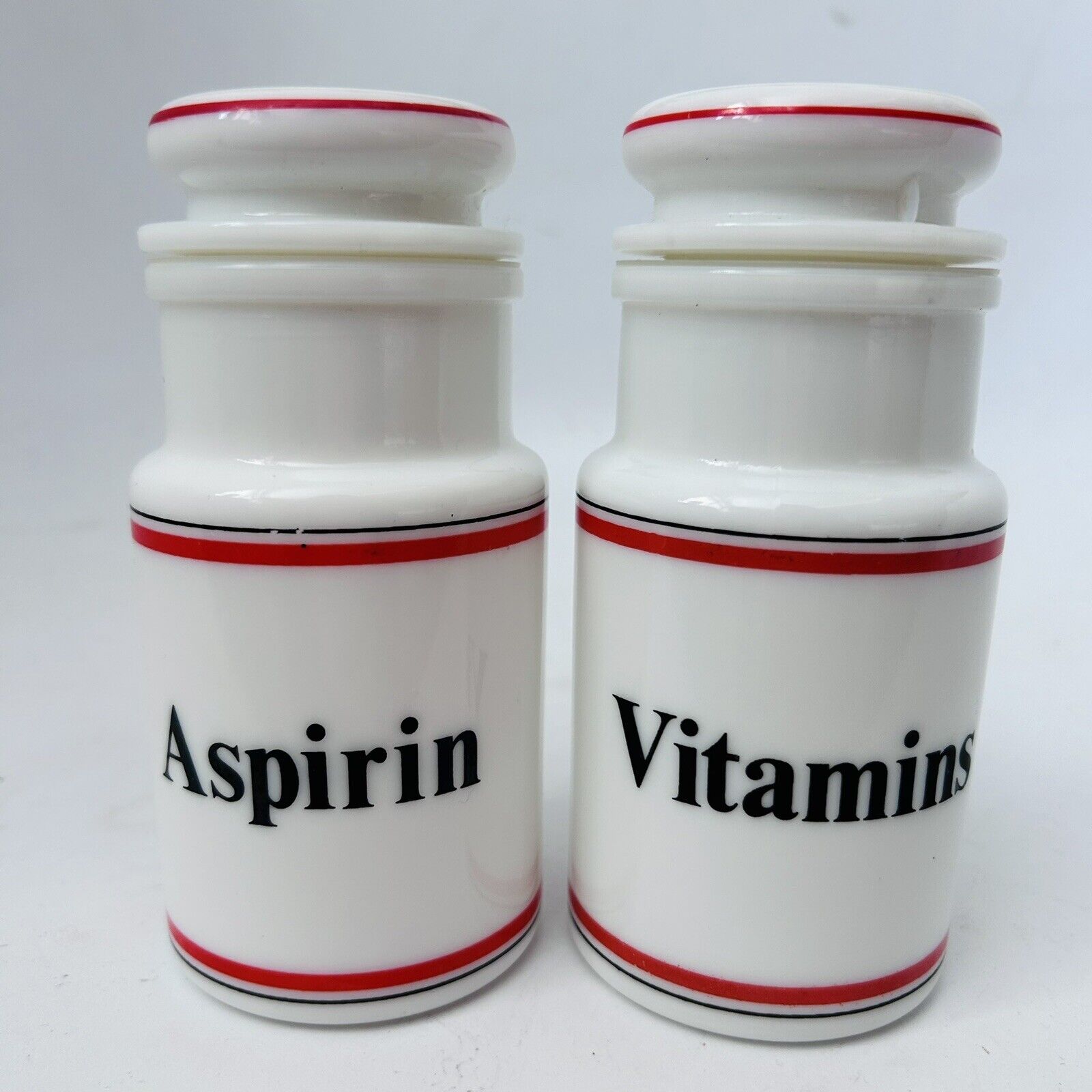 Vintage MCM Aspirin and Vitamins Milk Glass Apothecary Jars With Lids