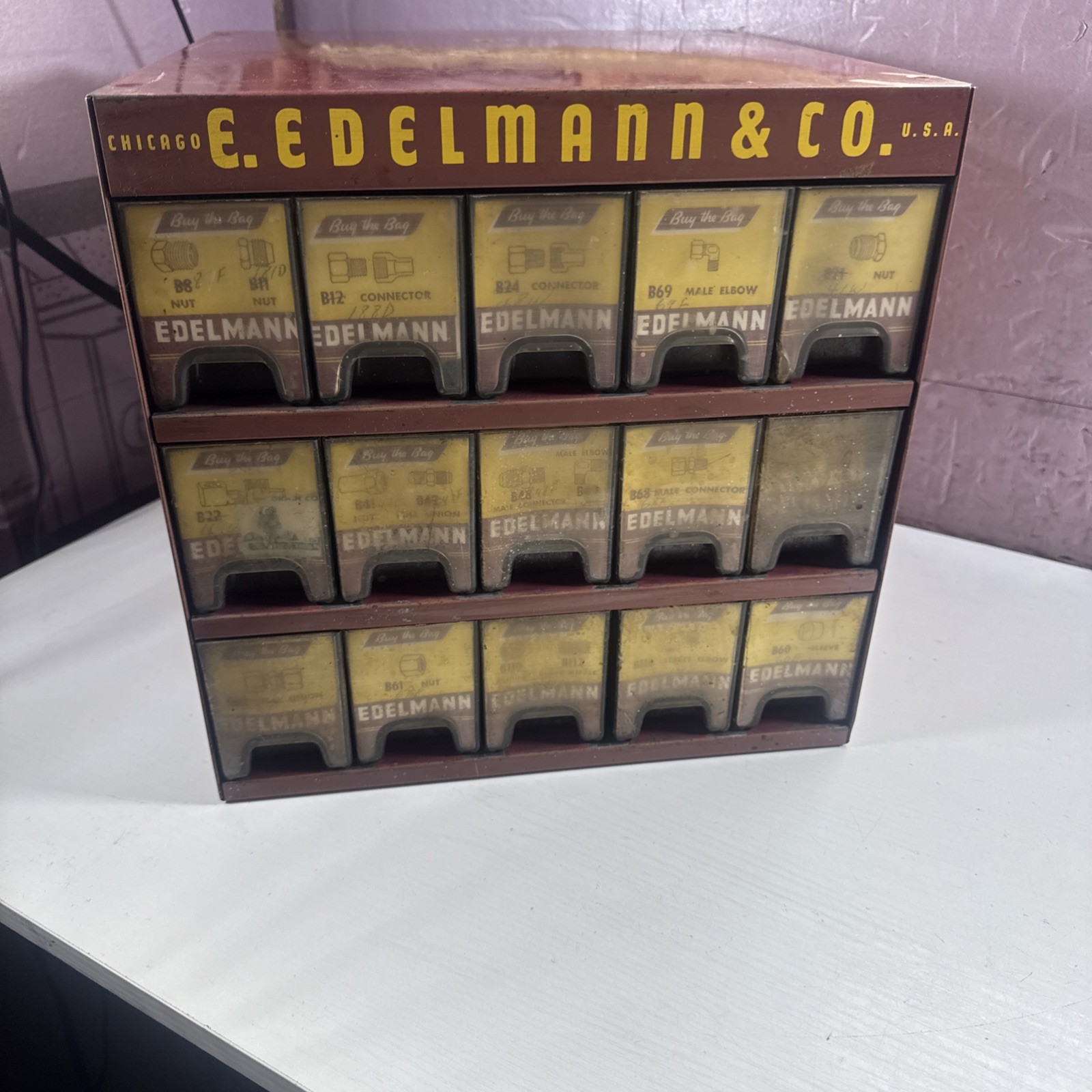 Vintage 50s 60s E. Edelmann Advertising Parts Cabinet Store Display