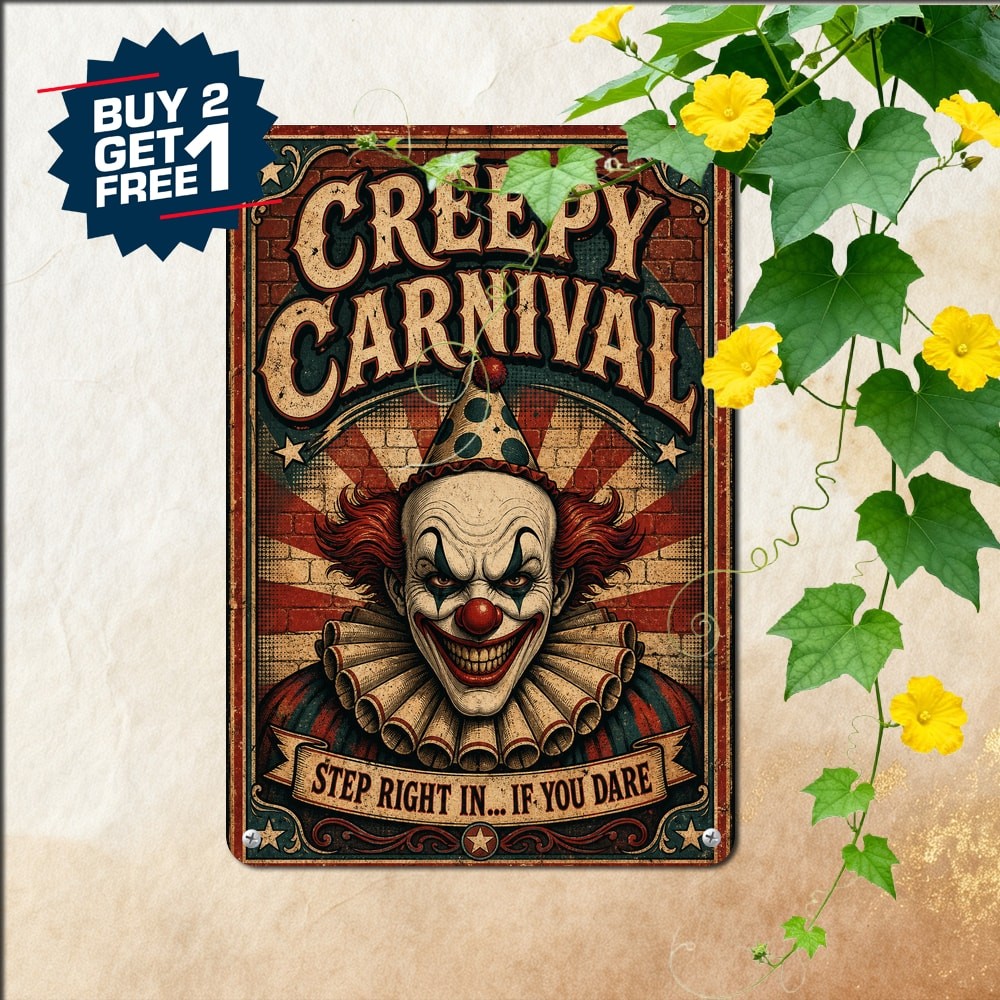 Circus Jester Grinning Evil Clown Halloween Costume Sign Metal Tin Plaque 8x12