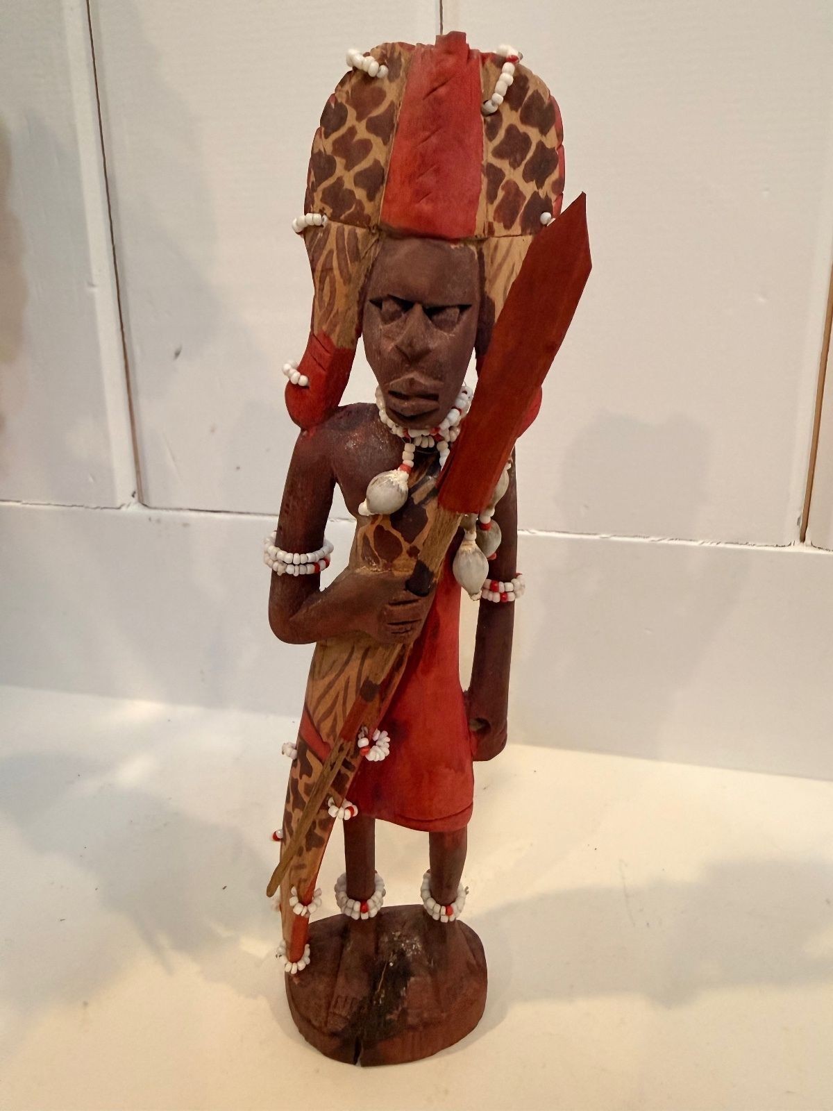 Vintage Hand-Carved Beaded Maasai Warrior African Folk Art Sculpture - 9 Inch
