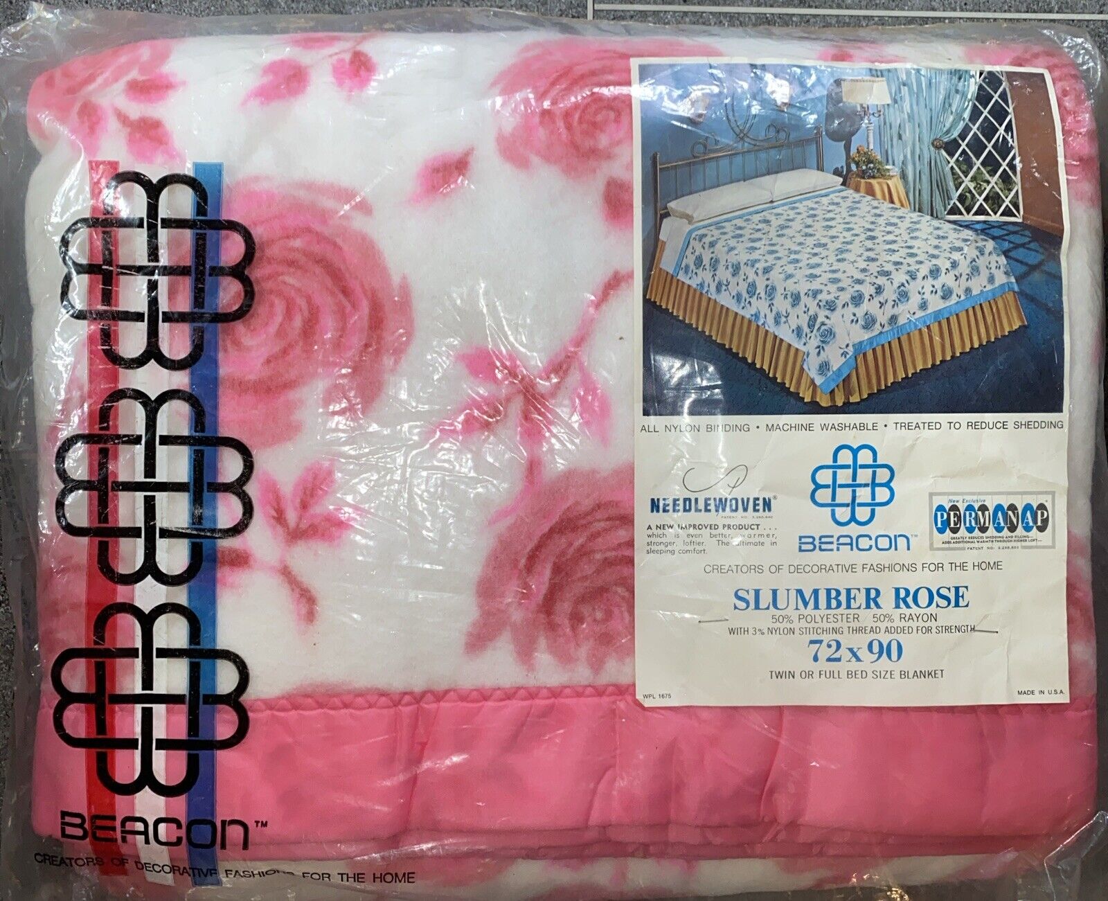 Vintage Beacon “Slumber Rose” White Pink Satin Trim Blanket Twin Full 72x90 USA