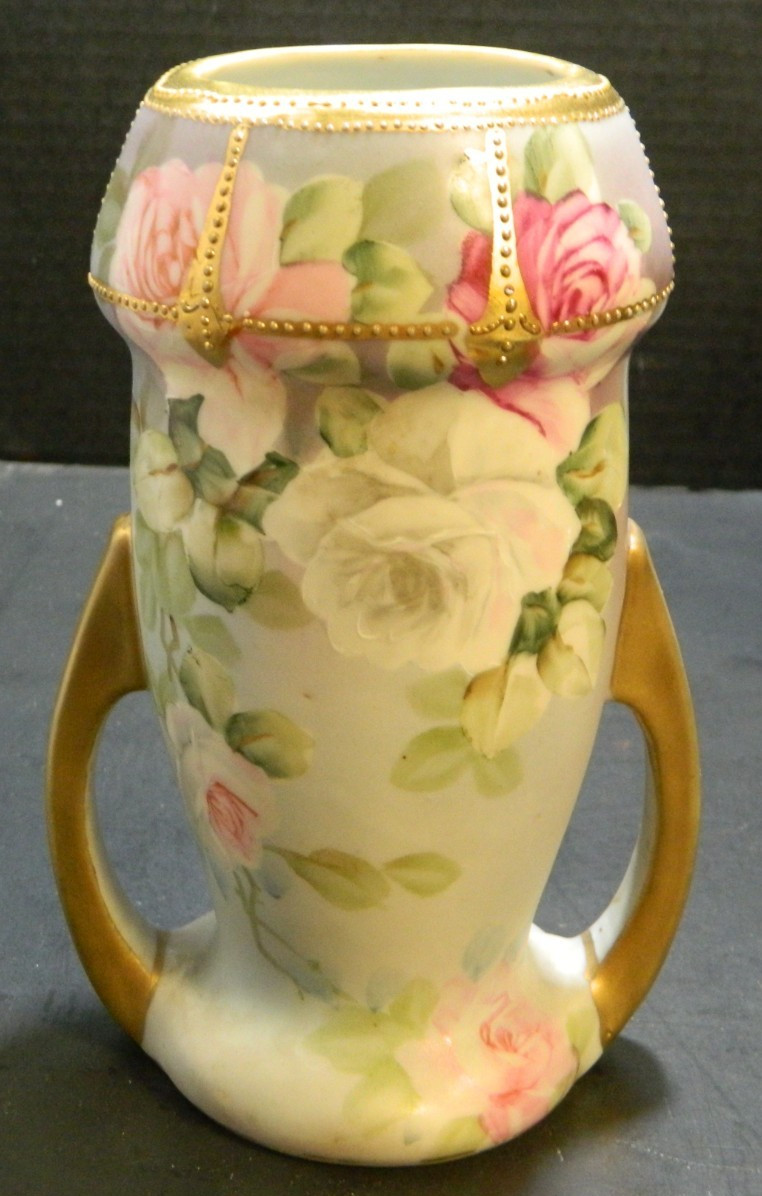 Antique Hand Painted Roses Nippon Gilded, Beaded 2 Handled Vase 6.68\