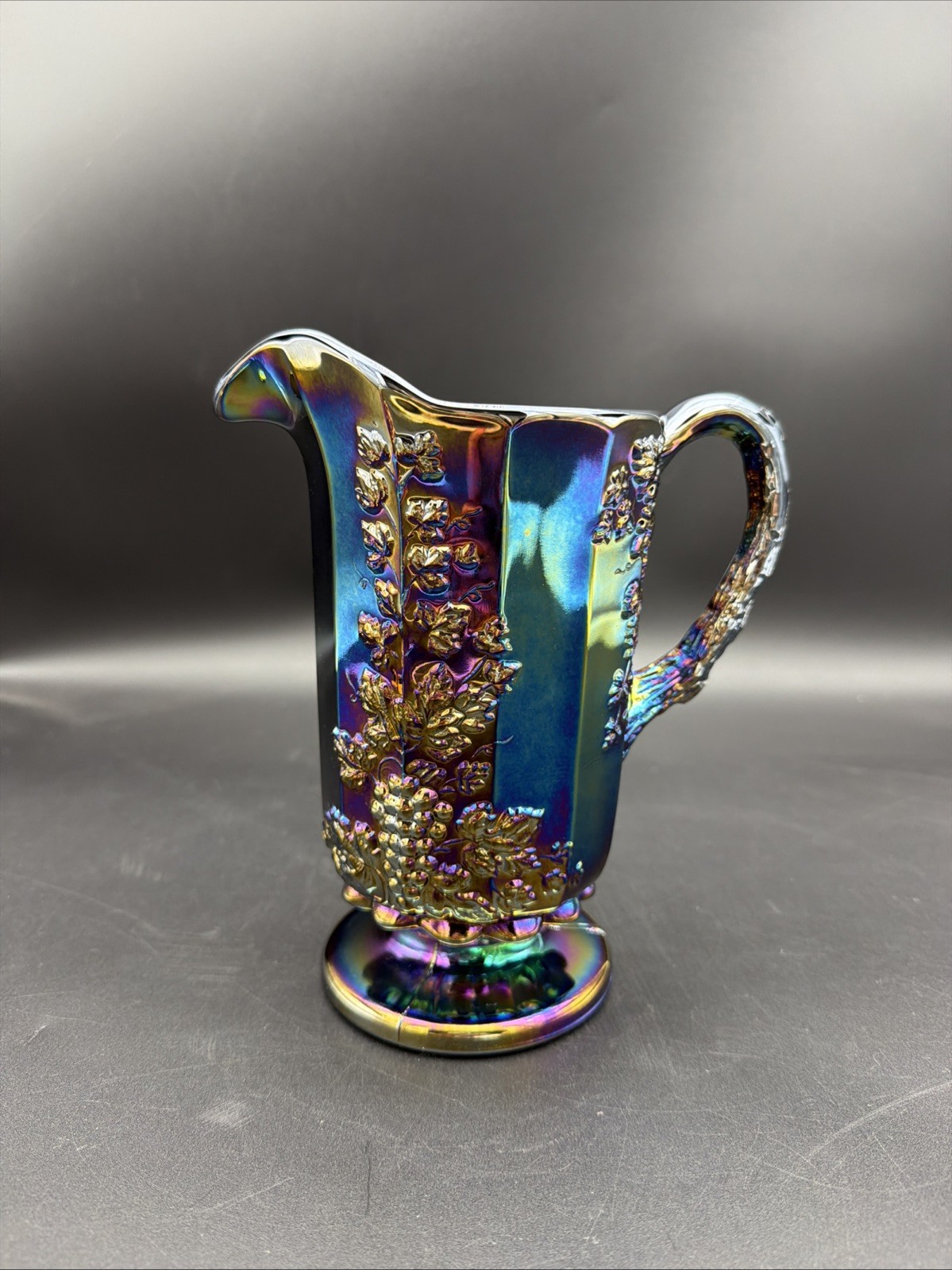 Mosser Glass Amethyst Purple Carnival Pitcher with Grape & Leaves Pattern, Stamp