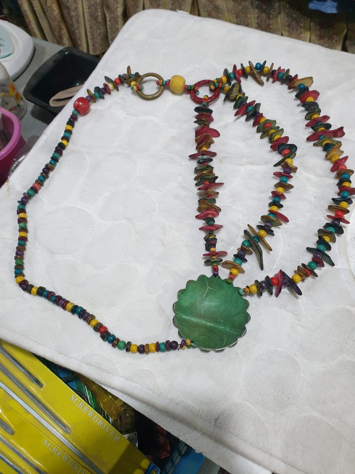Vintage Artisan Beaded Statement Necklace - Multi-Color Chips with Green Medalli