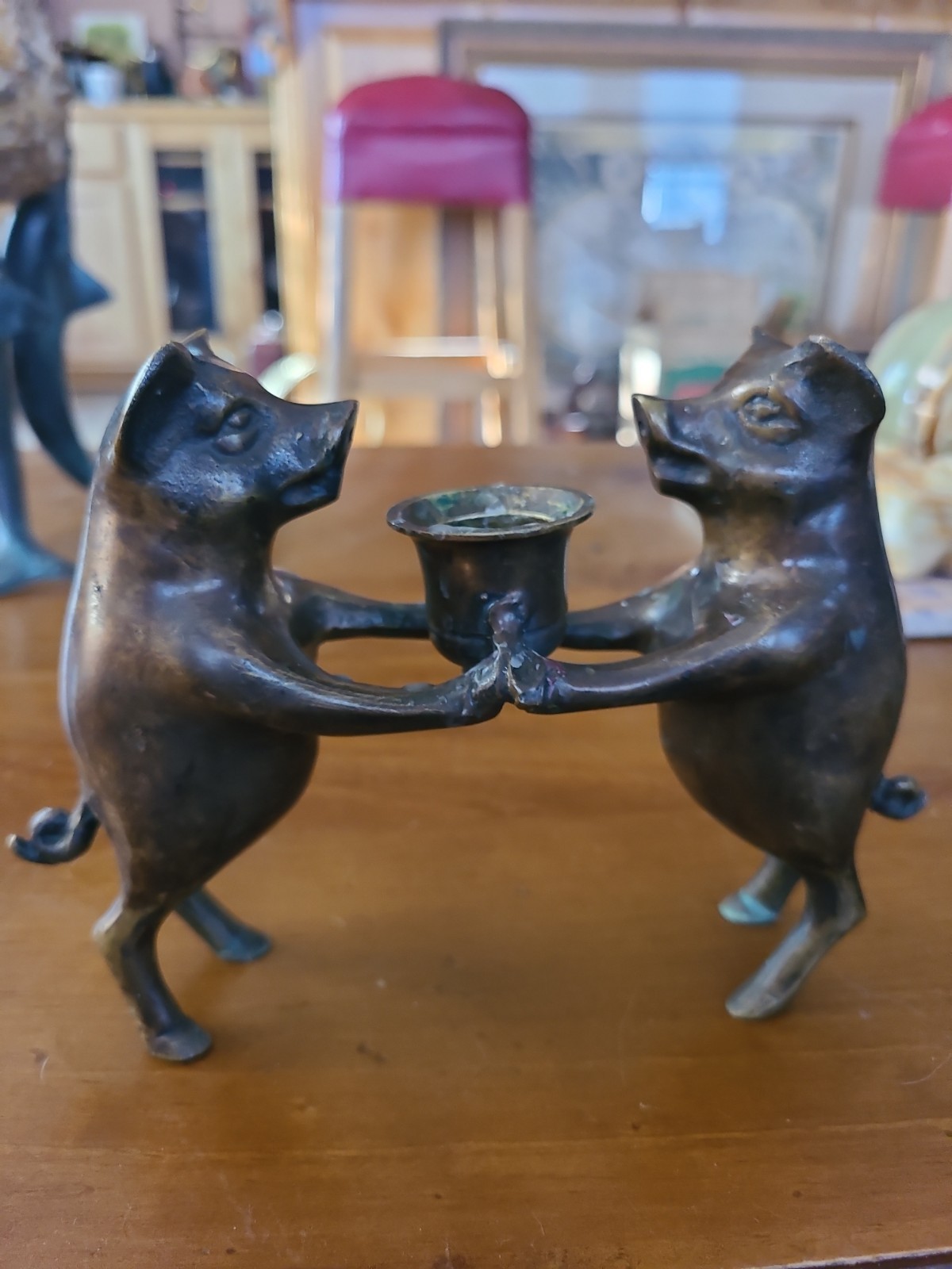 Vintage Whimsical Pair Of Brass Or Bronze Pigs Candle Holder Statue Figurine Vintage Whimsical Pair Of Brass Or Bronze Pigs Candle Holder Statue Figurine