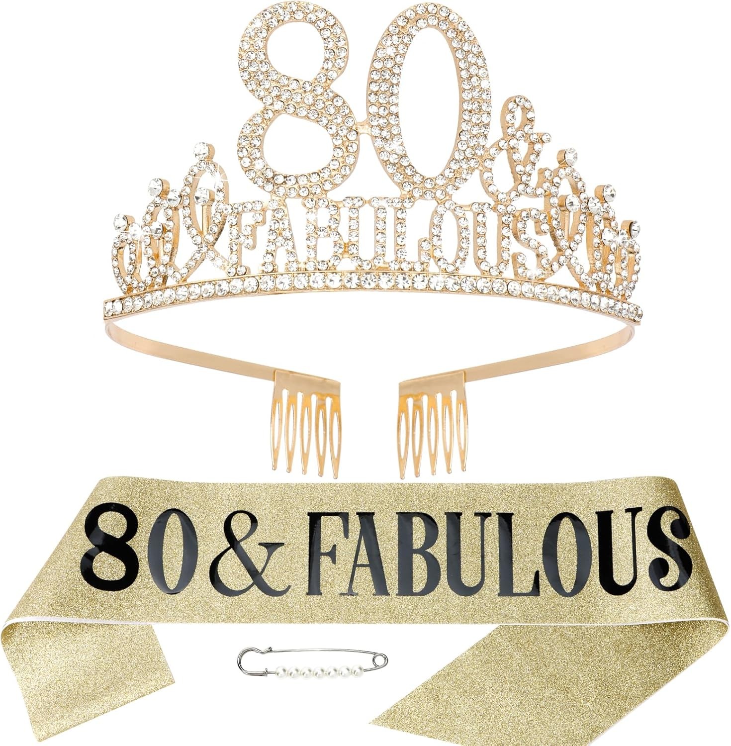 Gold 80th Birthday Tiara & Sash Set, Happy 80th - Fabulous Decorations
