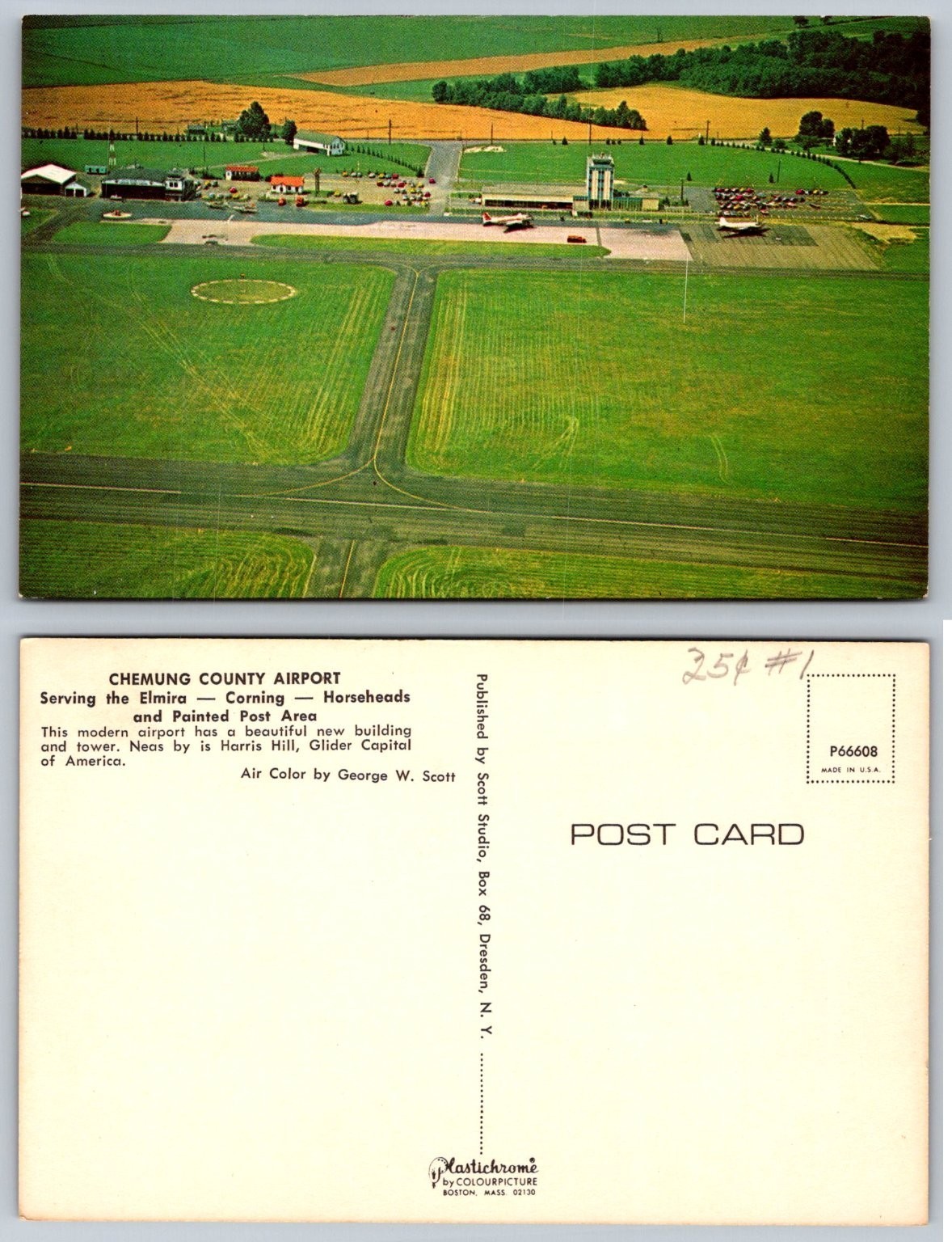 Vintage Chemung County Airport Elmira NY Aerial View Plastichrome Postcard