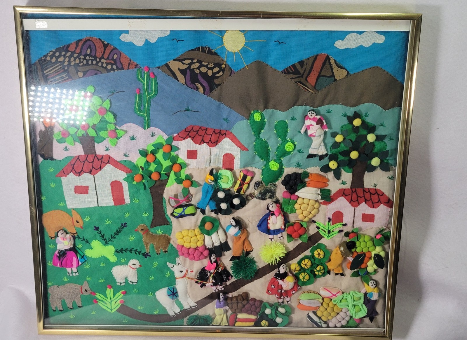 VTG Framed Peruvian Arpillera Fabric Folk Art 3D Applique Tapestry 19.5\