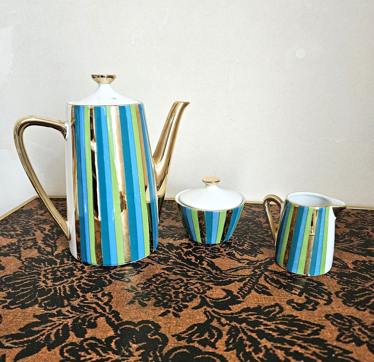 Vintage Lefton China 244 Striped Coffee Pot Sugar Creamer Set MCM Turquoise Gold