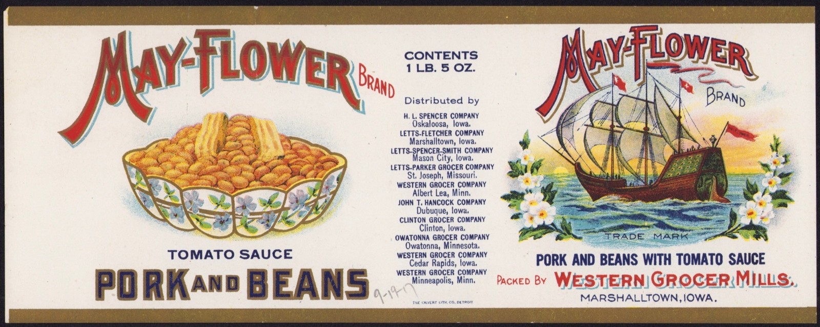 MAY-FLOWER antique can label for PORK & BEANS Iowa Western Grocer Calvert 1917