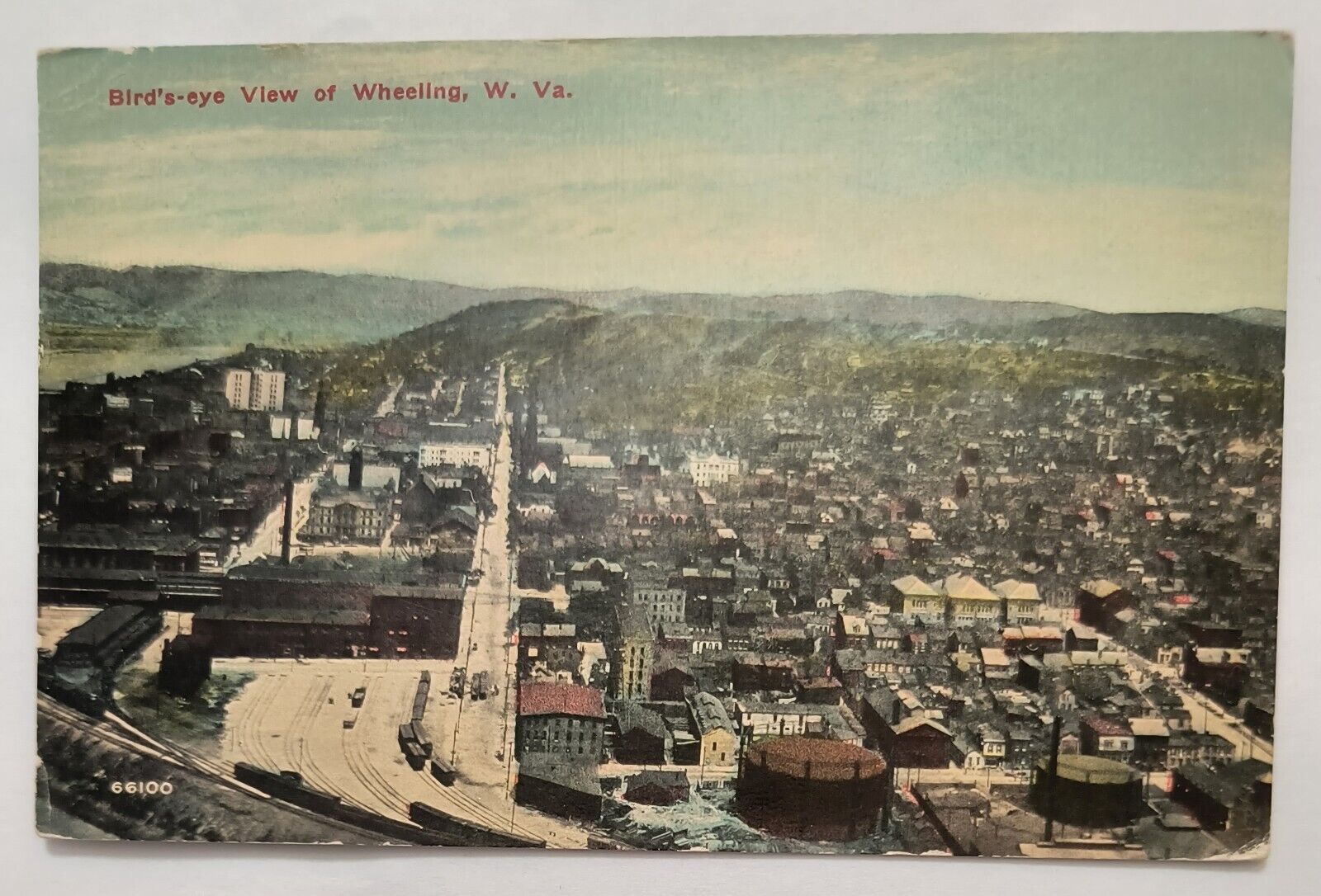 Wheeling WV West Virgini Bird's Eye View Train Depot Station Vintage Postcard A4
