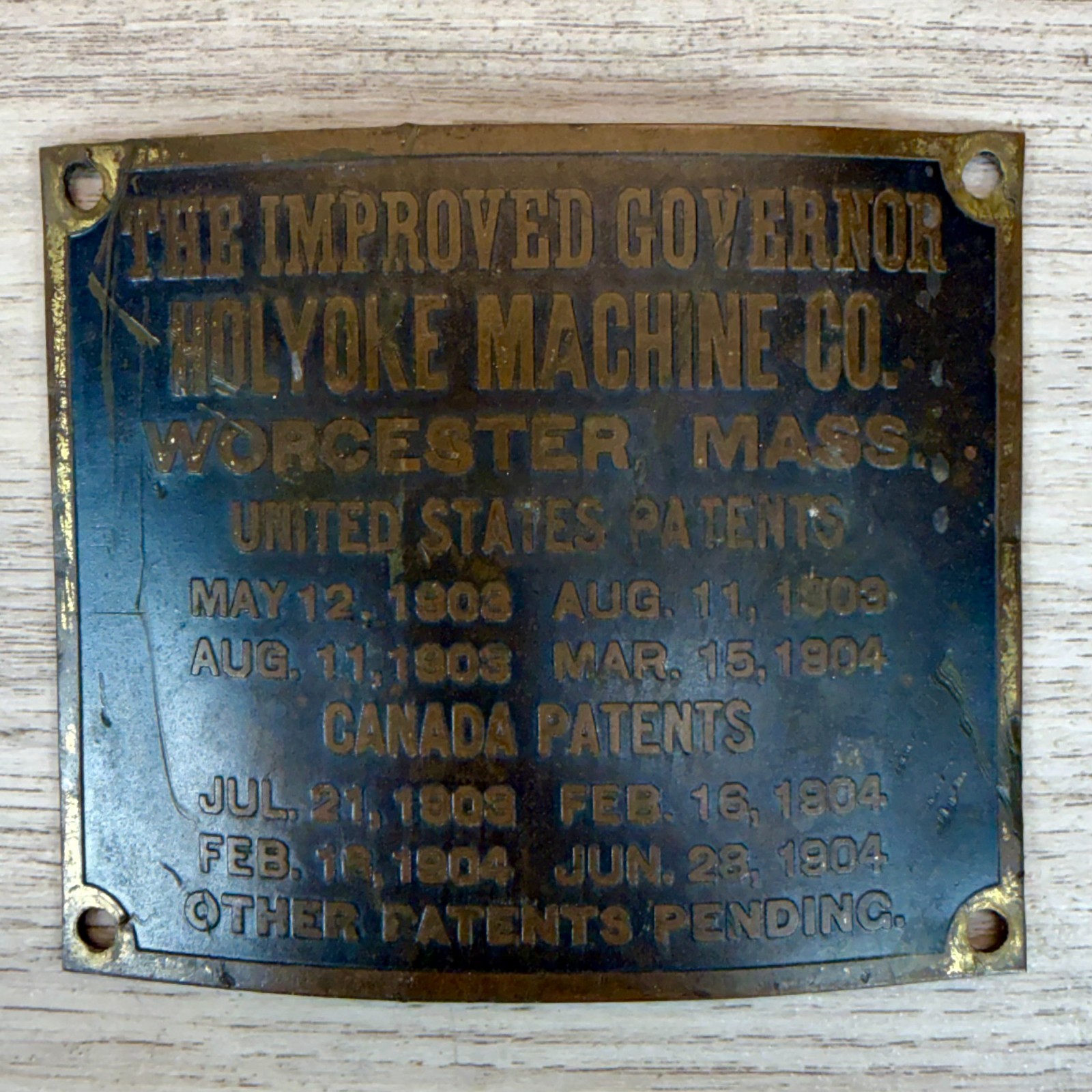 Antique c1905 Holyoke Machine Co Improved Governor Bronze Original Patent Plate