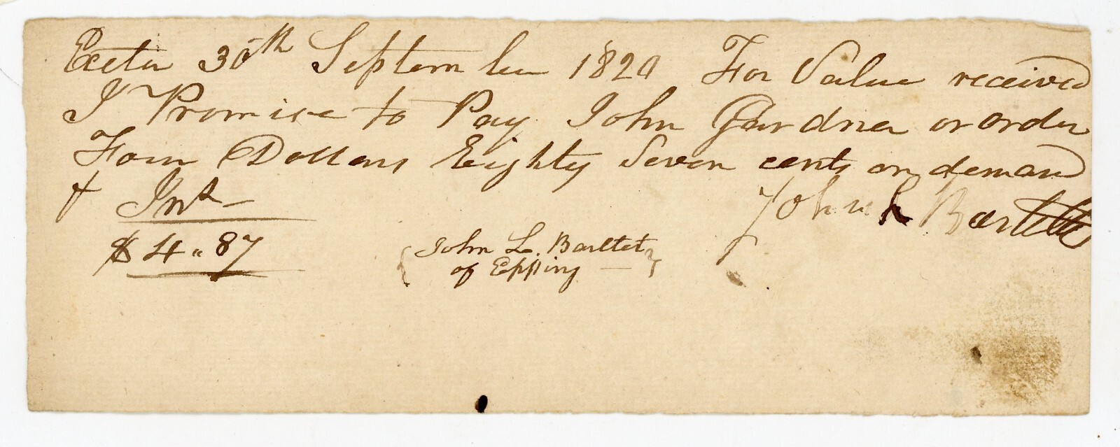 19th Century Signed Receipt John R. Bartlett Epping Exeter NH New Hampshire 1820