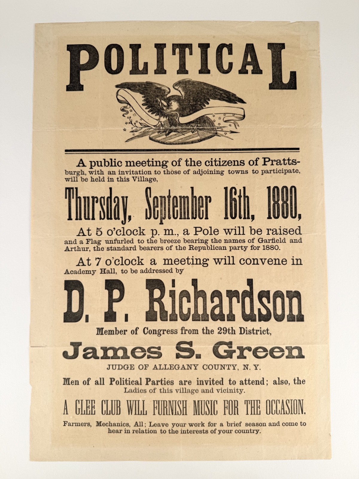1880 Republican Political Broadside Garfield & Arthur – Prattsburgh, New York