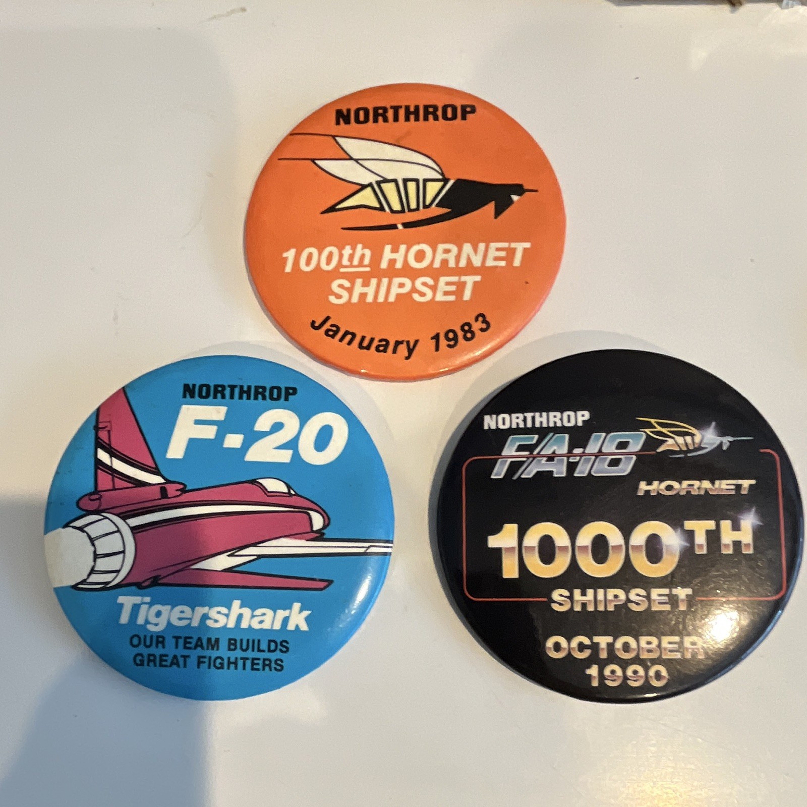 Northrop Aviation Lot of 3 Pinback Buttons F-20 Tigershark & F/A-18 Hornet