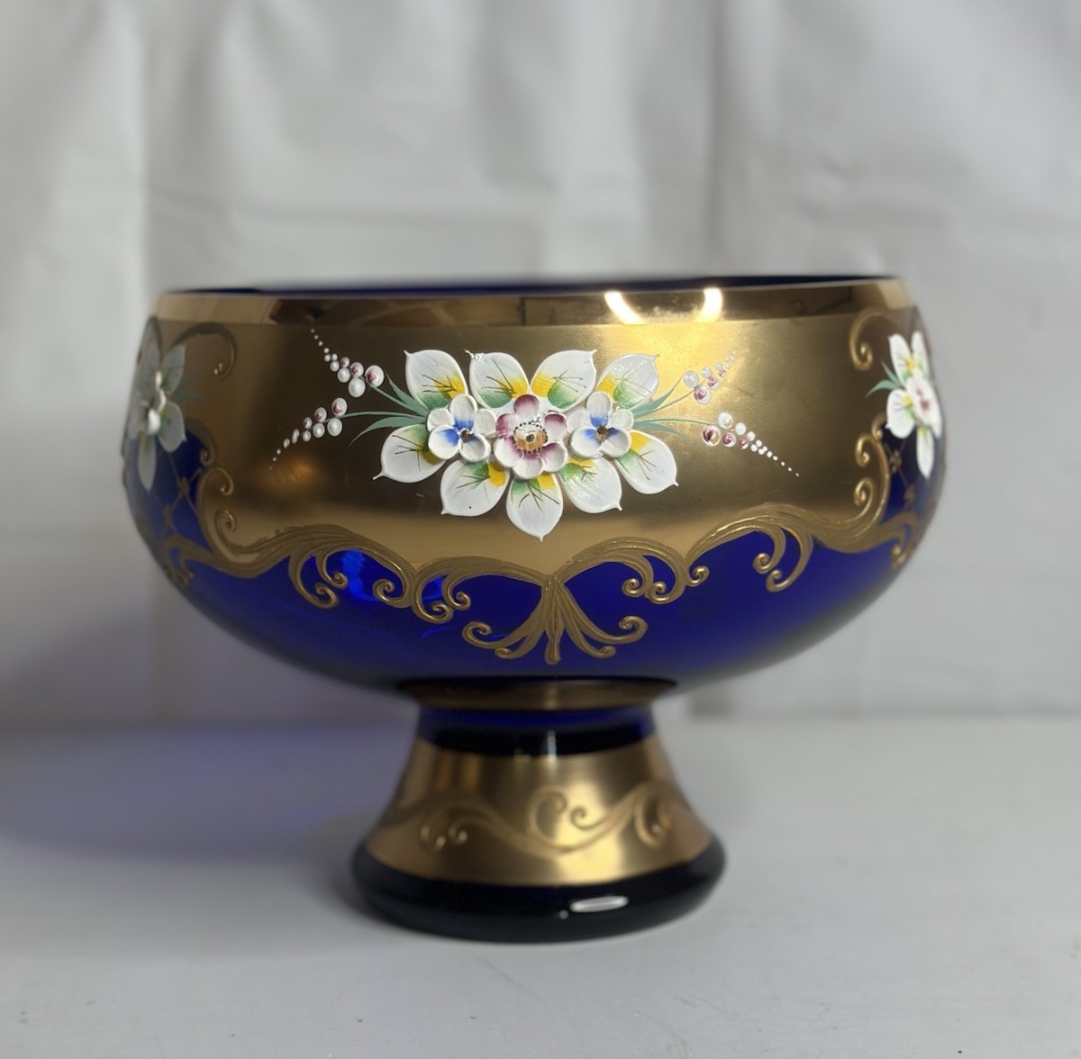 Bohemia Czech Crystal Cobalt Blue Enamel Painted Flowers Gold Trim 9” Bowl Bohemia Czech Crystal Cobalt Blue Enamel Painted Flowers Gold Trim 9” Bowl