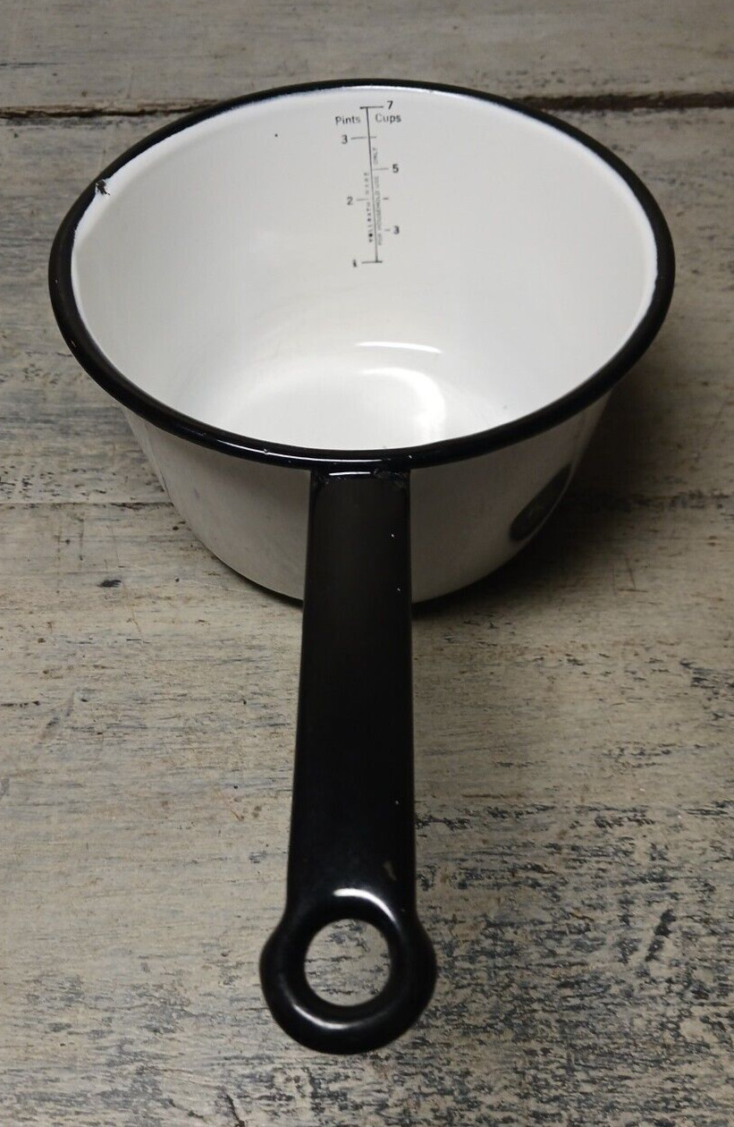 Vintage Enamelware White/Black Trim & Measurements 7cup/56oz. Sauce Pan Hangable