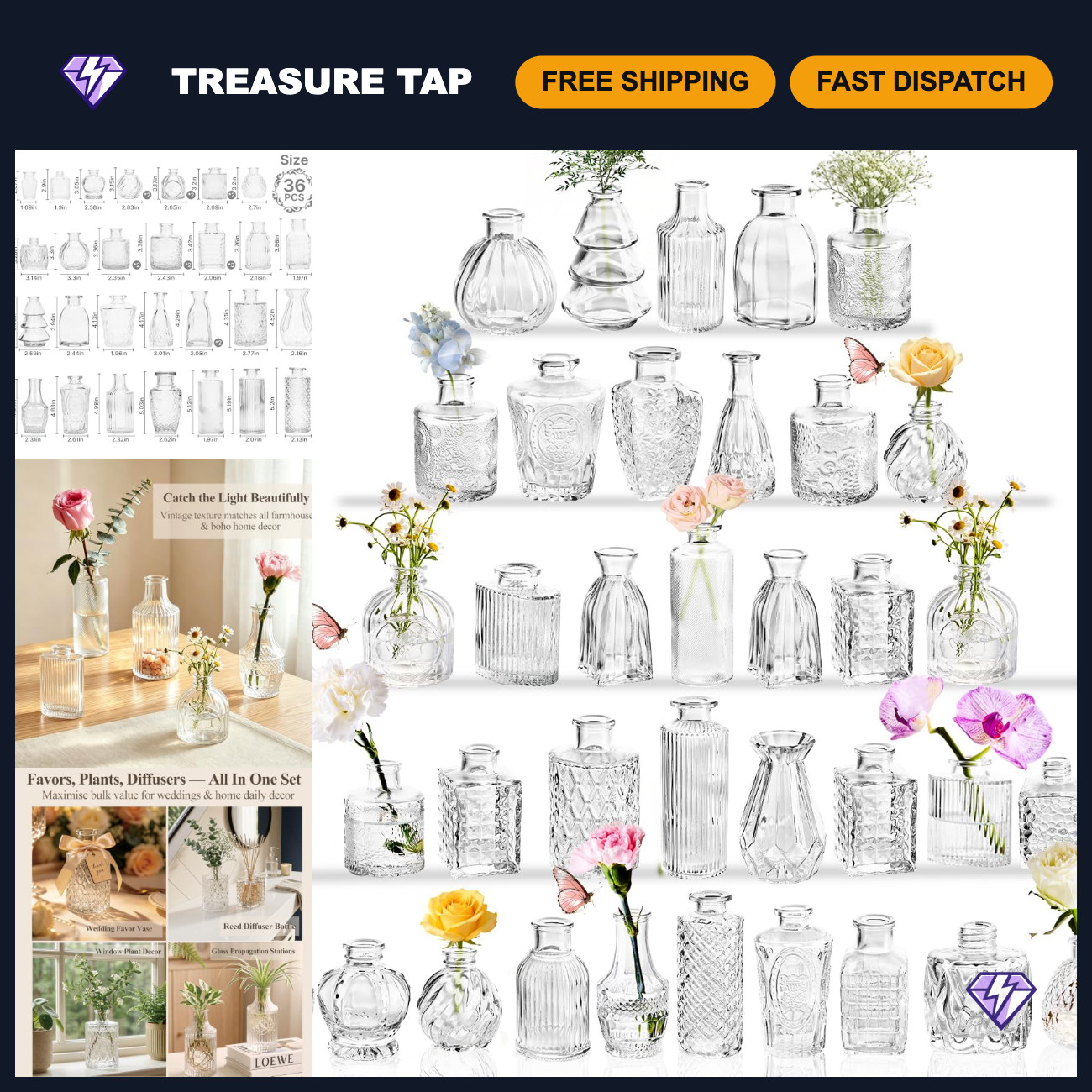 36 Pcs Clear Glass Bud Vases Set - Vintage Style Flower Bottles for Weddings, Pa
