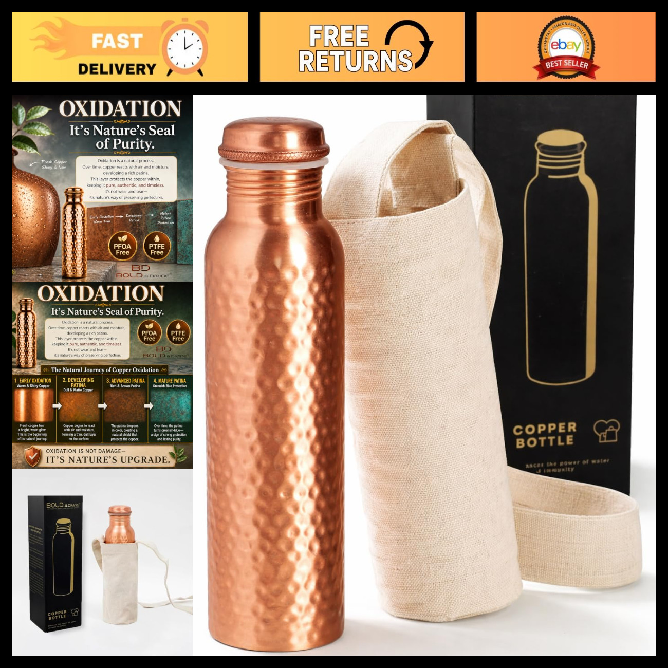 Premium 32oz Pure Copper Hammered Water Bottle - Ayurvedic Health, Leak-Proof, H