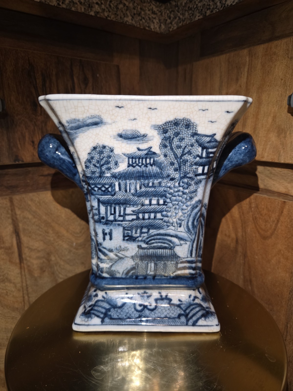 Vintage United Wilson Blue White Chinoiserie Crackle Glaze Vase Urn Handles