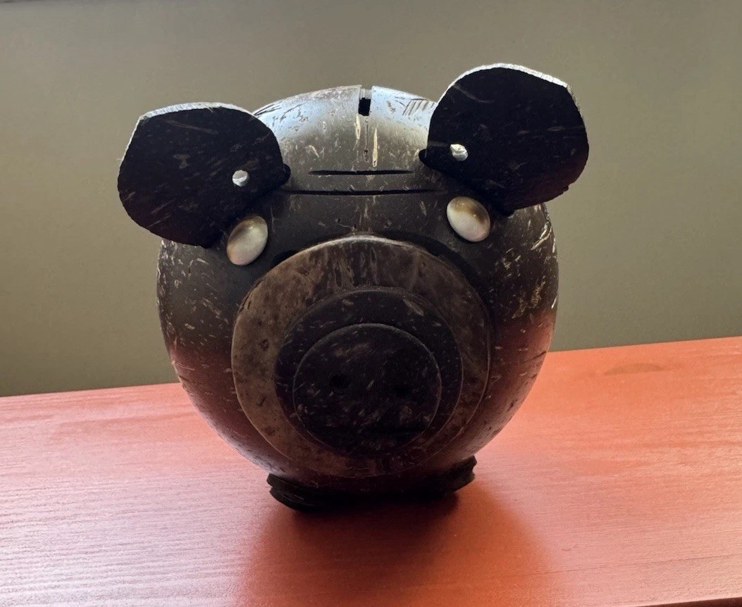 Handcarved Coconut Piggy Bank with Removable Ears 