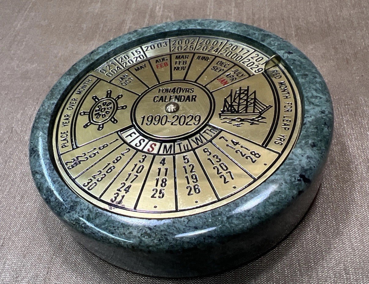 VTG Restoration Hardware 40 Year Perpetual Desk Calendar 1990- 2029 Brass Dials