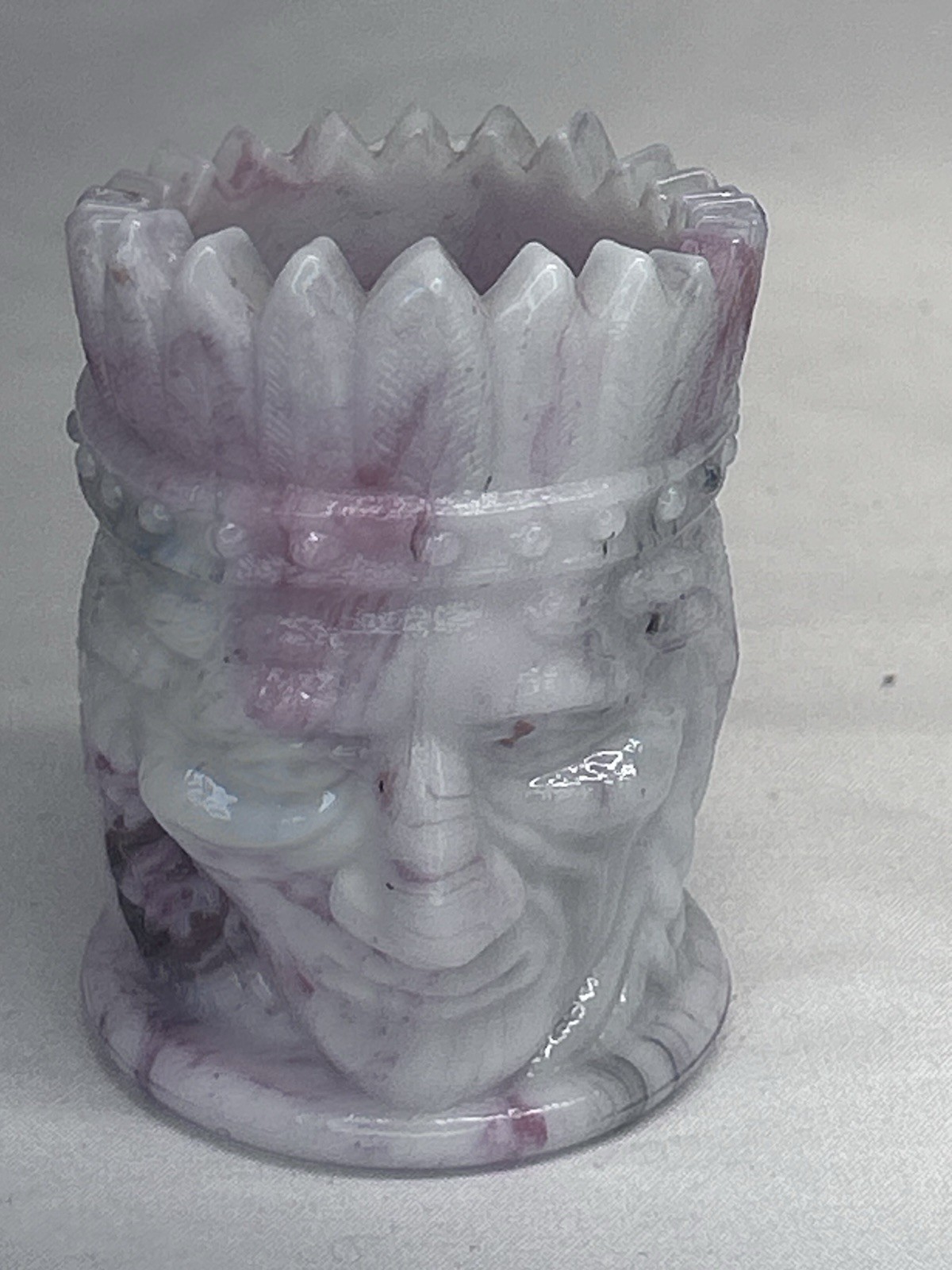 JOE ST CLAIR GLASS NATIVE AMERICAN INDIAN WHITE PINK SLAG GLASS TOOTHPICK HOLDER