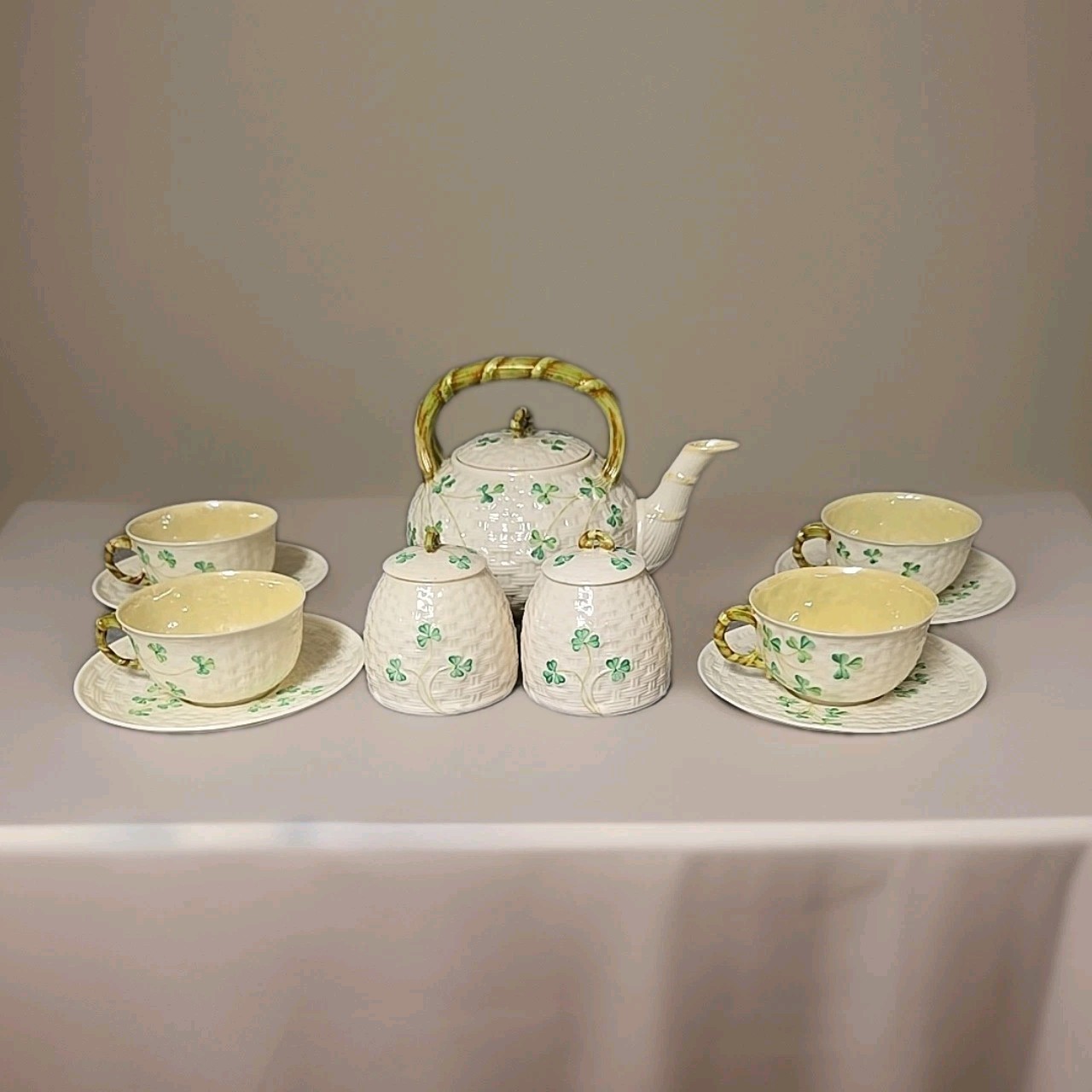 Vintage Irish Beleek Tea Set -Tea Pot/Kettle 4 Cups & Saucers & 2 Marmalade Jars