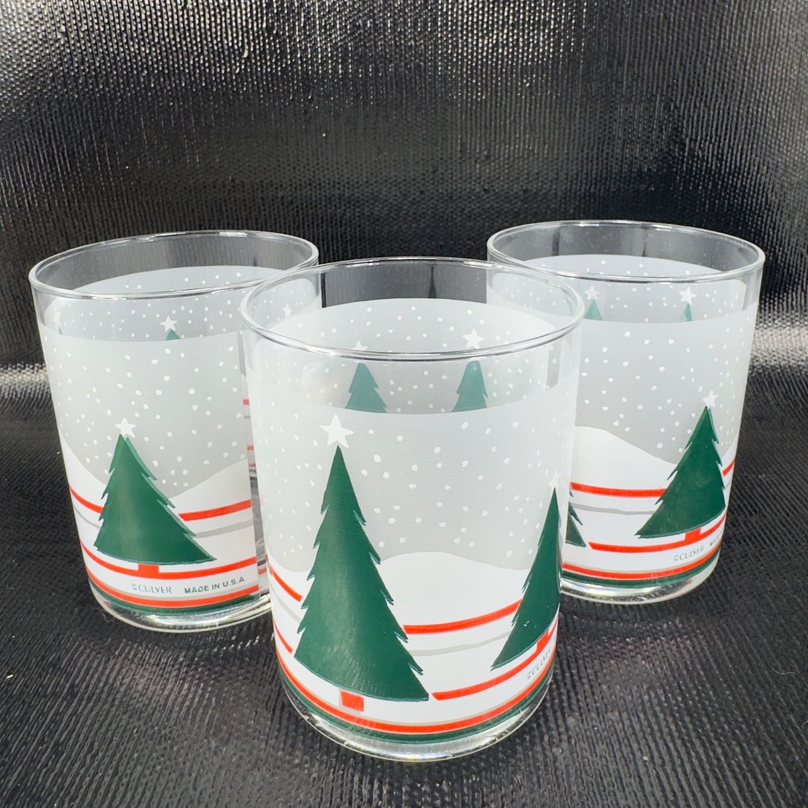 Vintage Culver Made In USA Glassware Cups Lowball Glasses Tumblers Set 3 Trees