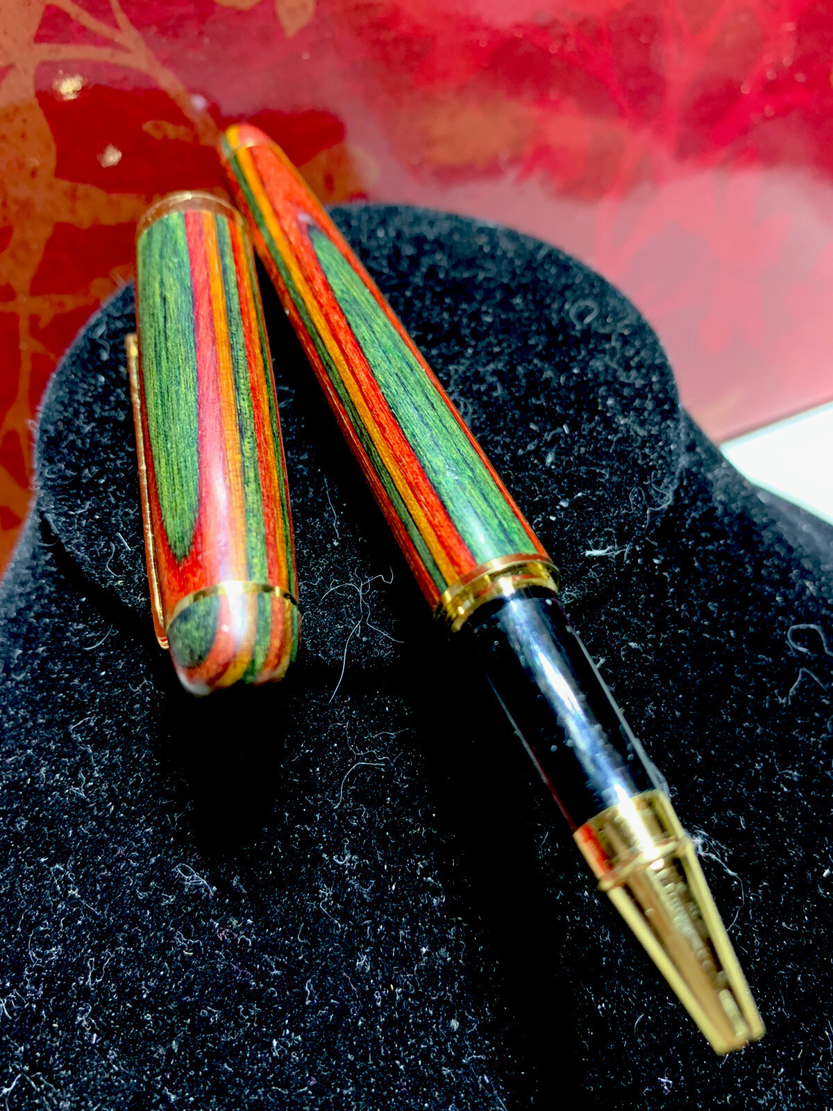 PEN Vtg Multi Color Teak Wood Ball Point Pen Gold Trim costume made  