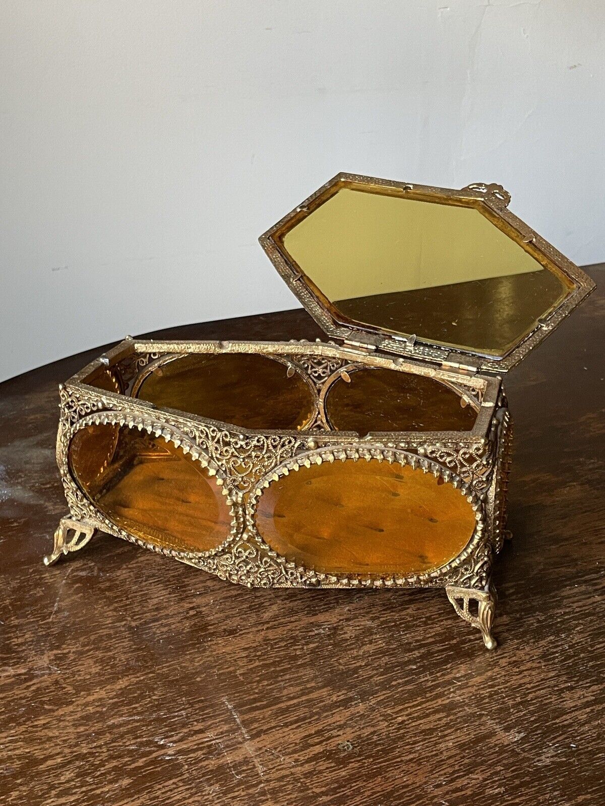 Vintage Filigree Vanity Jewel Casket Amber Glass Gold Ormolu