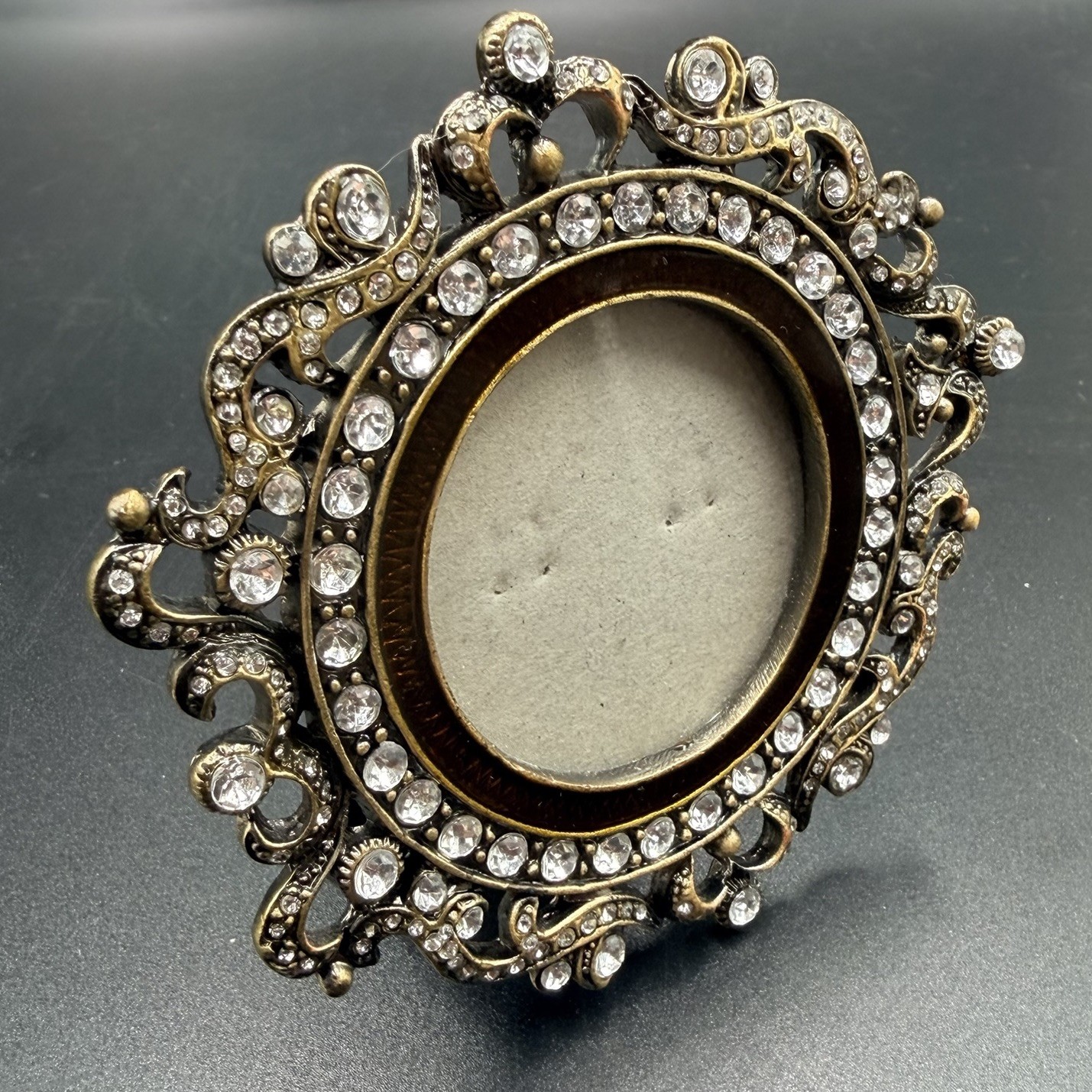 Round Photo Frame Bejeweled Rhinestone Brass Filigree Ornate Picture Frame 3.5”