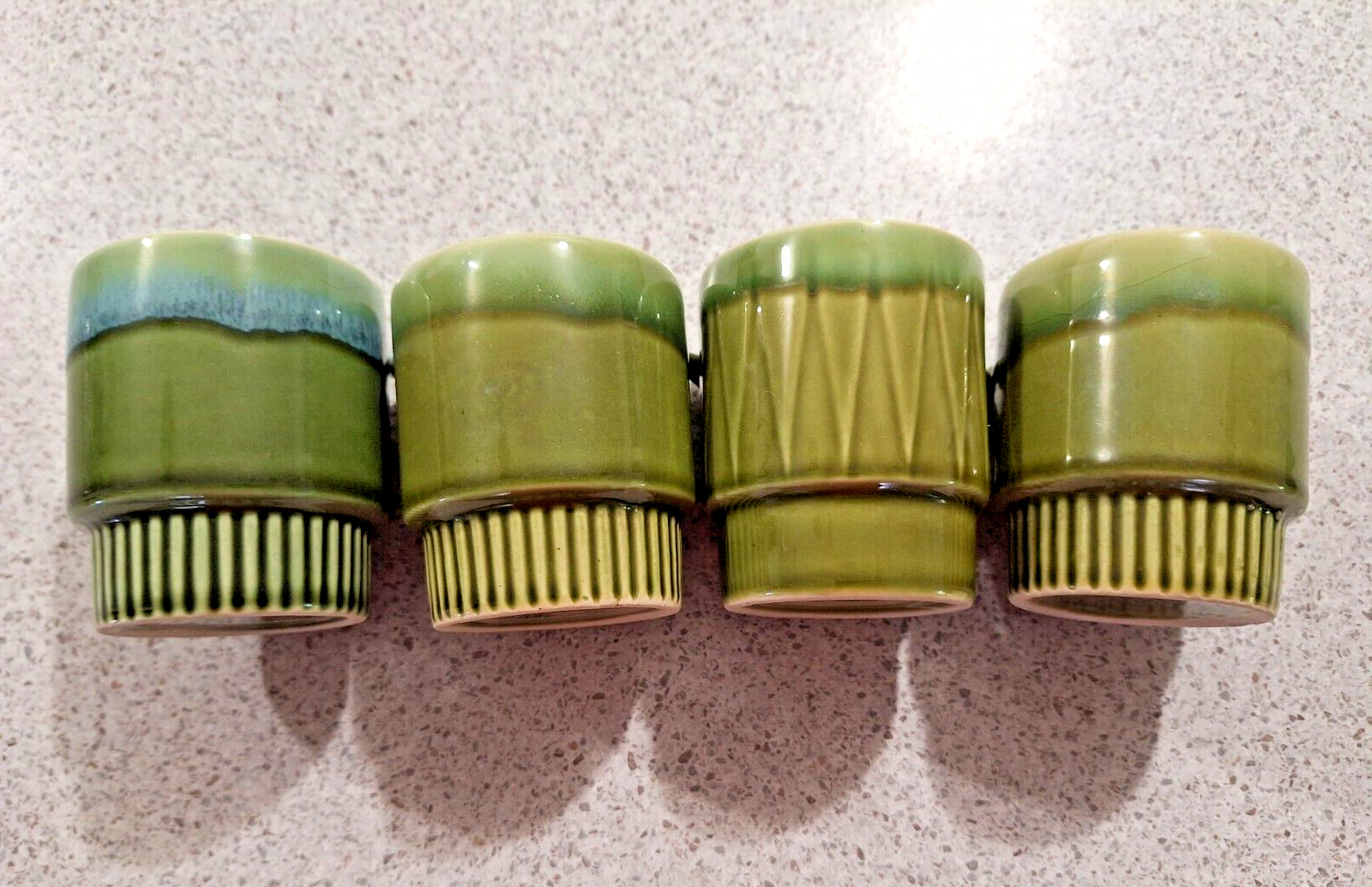 4 x  Vintage Drip Glaze Coffee Cups / Mugs. Retro Stackable Dark Green