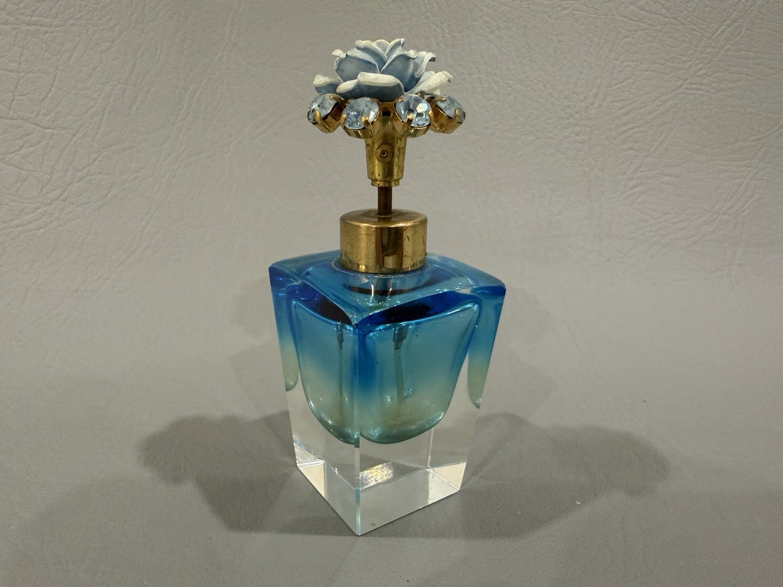 Vintage IRICE Blue Glass Perfume Bottle with Ormolu Filigree Top & Flowers