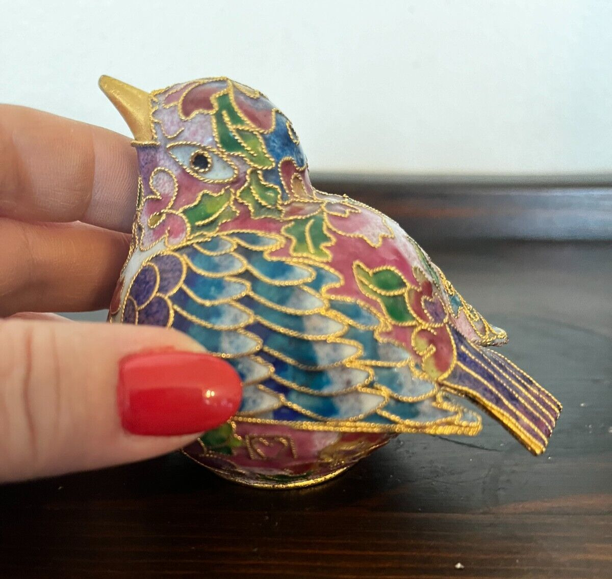 Vintage Small Cloisonné Nyco Enameled Pink Blue Gold Ornamental Bird Figurine