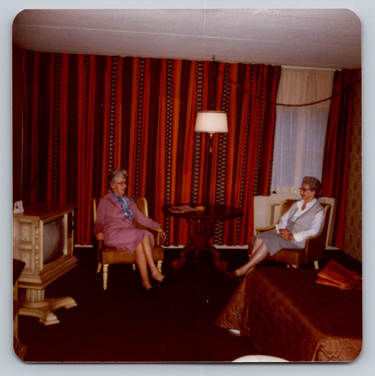 Two Women Hotel Room 1970s Snapshot Photograph Vintage Interior Decor Retro TV Two Women Hotel Room 1970s Snapshot Photograph Vintage Interior Decor Retro TV