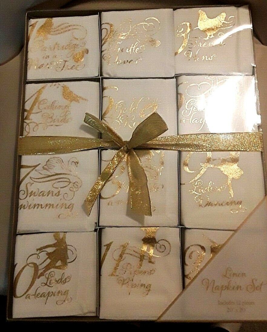  SO BEAUTIFUL 12 DAYS OF CHRISTMAS LINEN NAPKINS BOXED SET W/GOLD COLOR