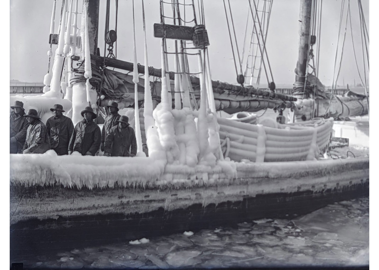 1920s Boston MA Ice Covered Fishing Schooner Winter Dories Glass Negative OOAK