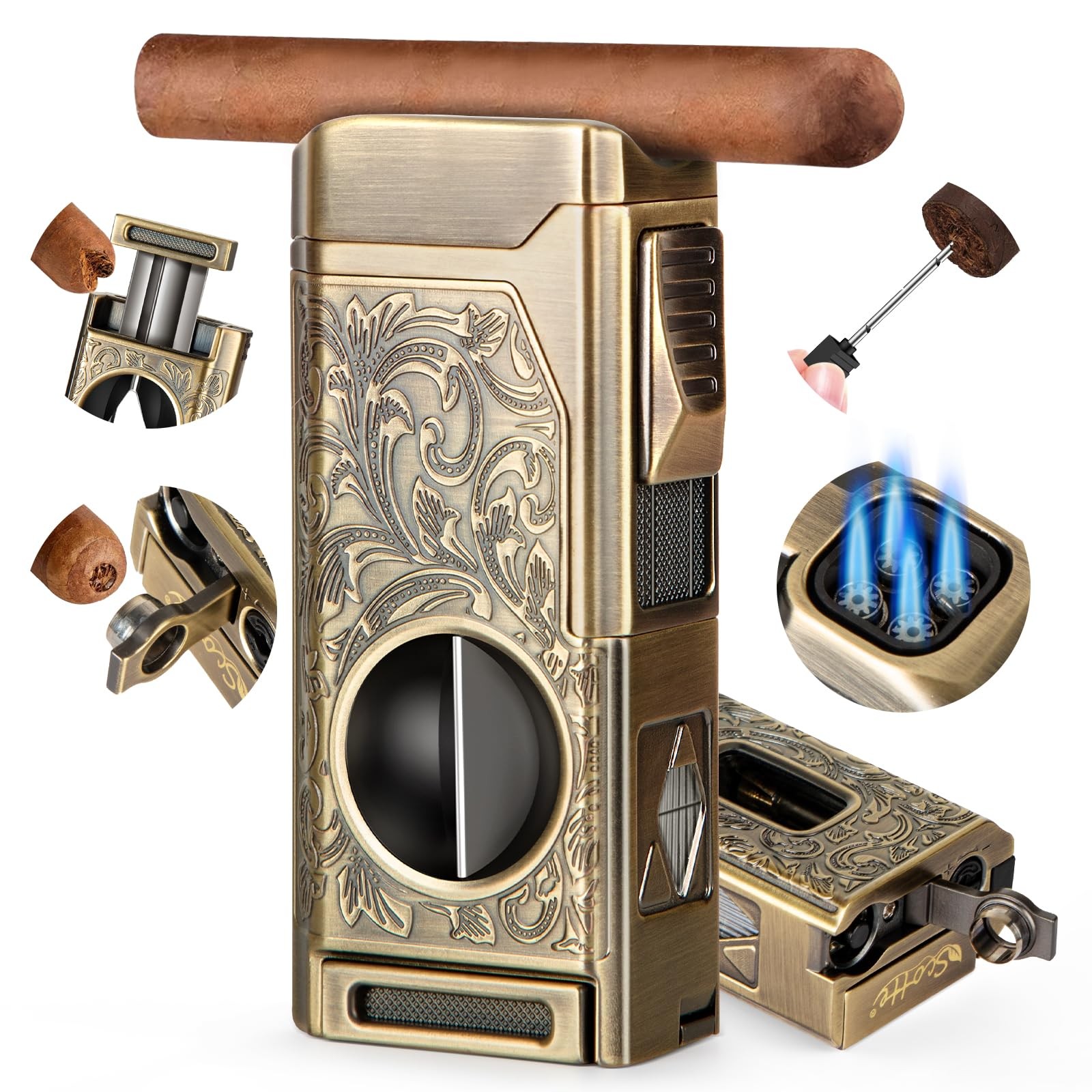 4 Jet Flame Torch Lighter with Cigar Cutter and Holder for Gifts
