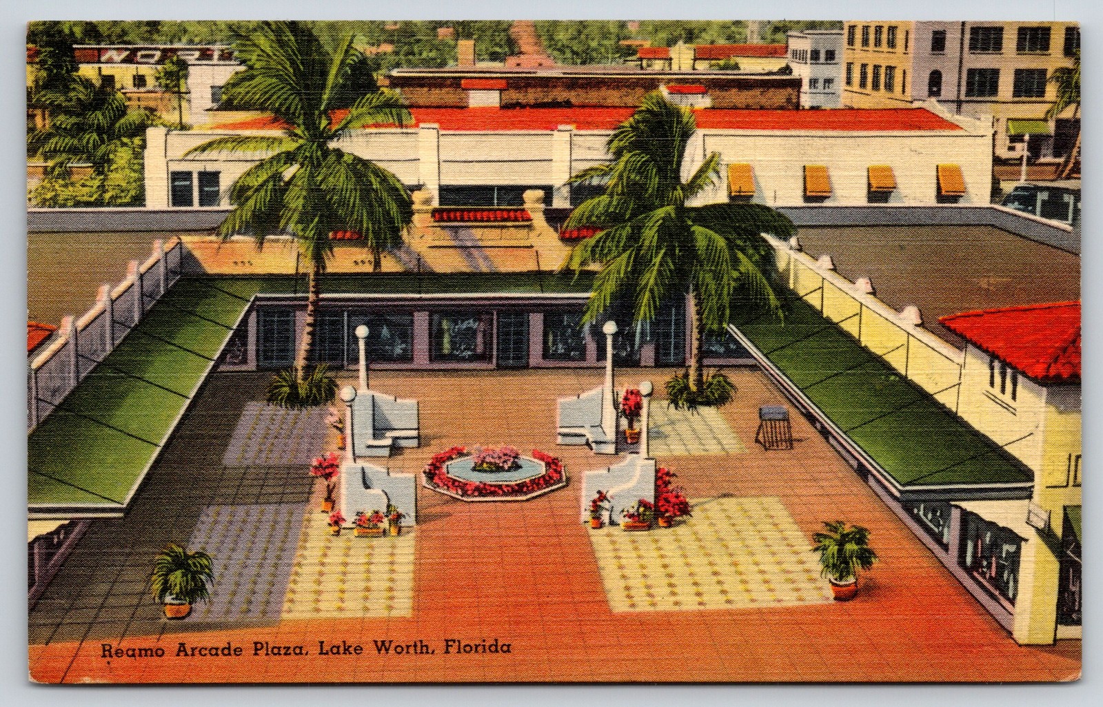 Lake Worth Florida~Reamo Arcade Plaza Stores Birdseye~1939 Linen Postcard